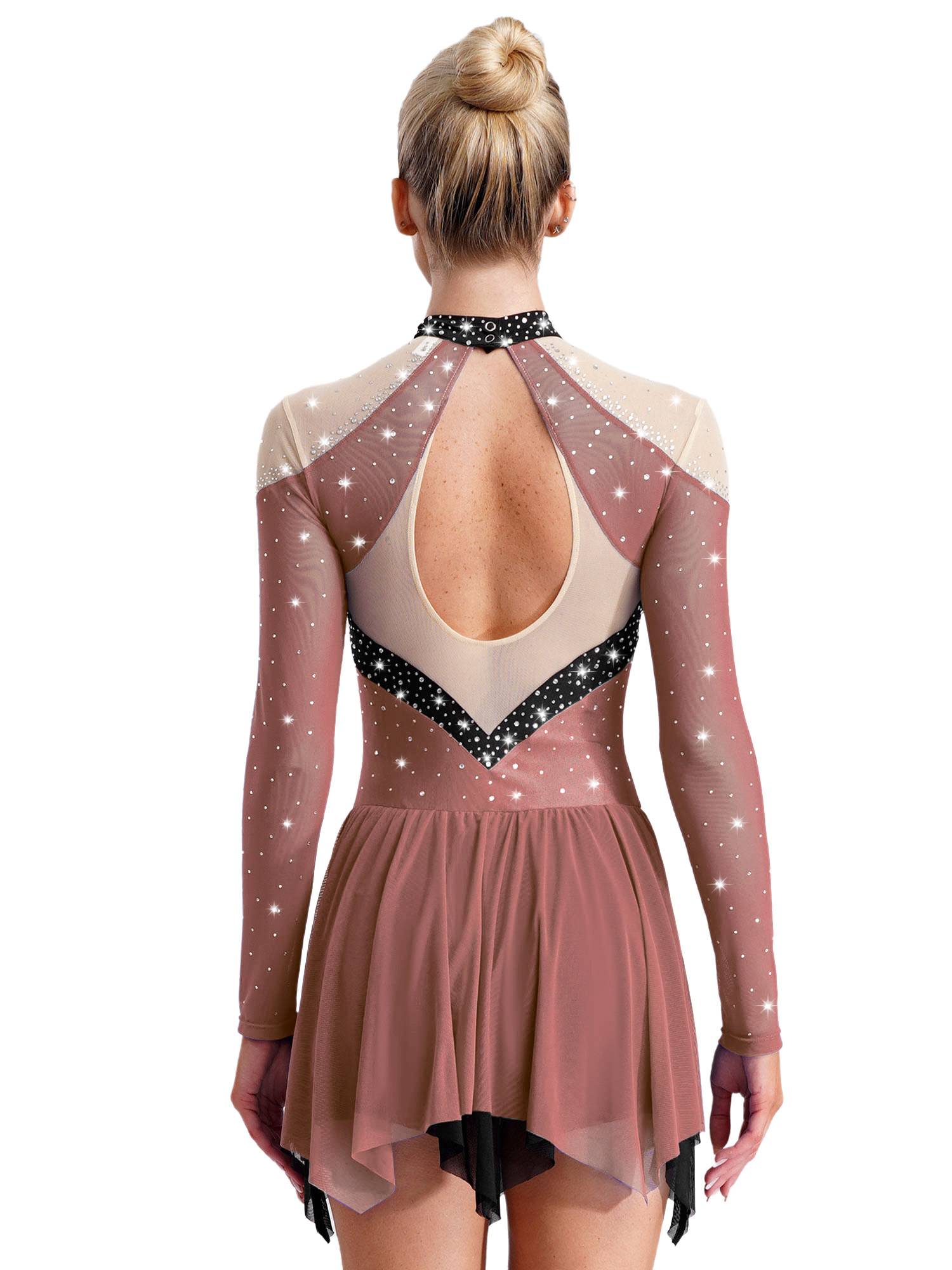 Women Long Sleeve Sparkle Rhinestones Asymmetrical Dress for Figure Skating