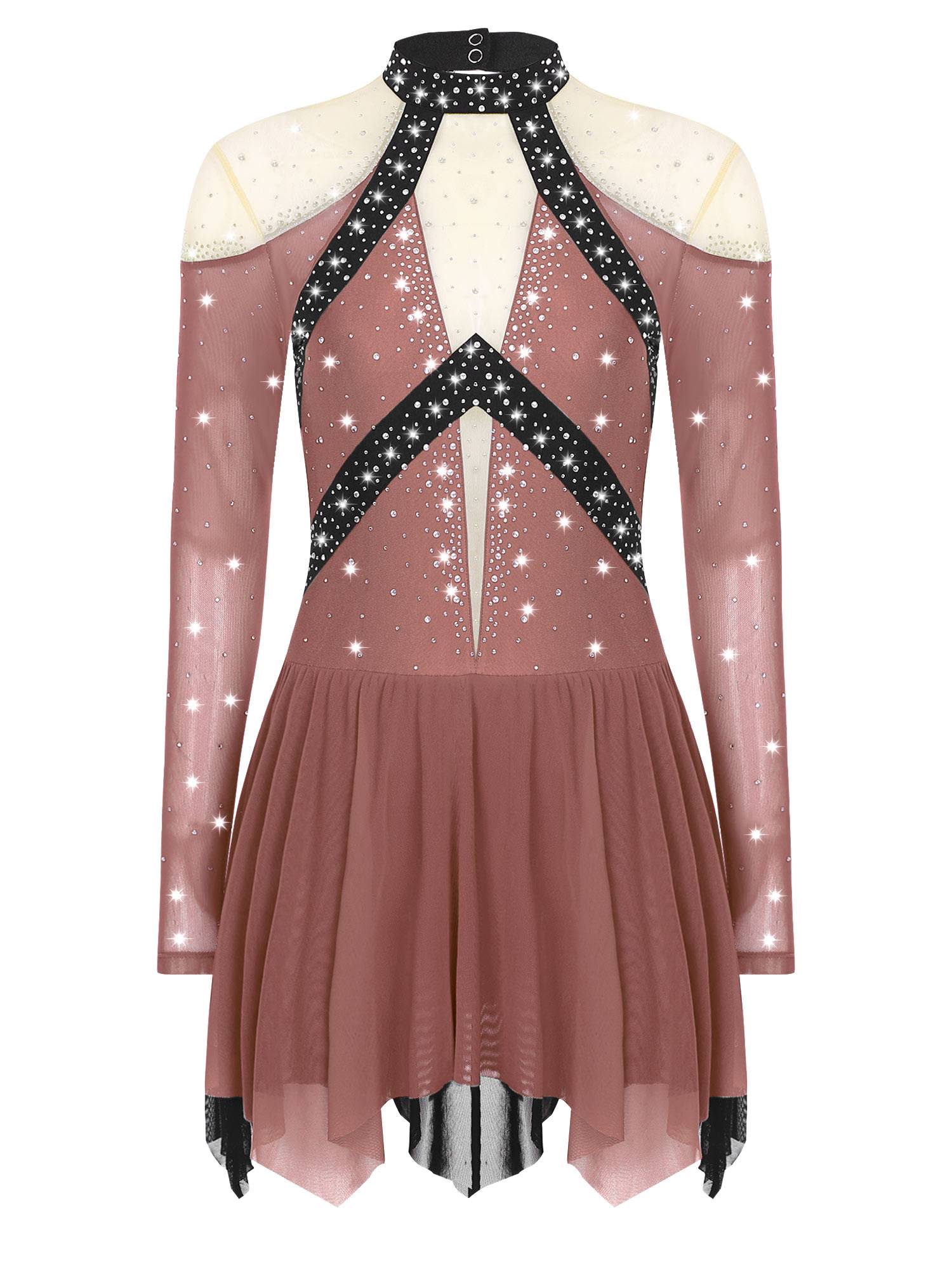 Women Long Sleeve Sparkle Rhinestones Asymmetrical Dress for Figure Skating