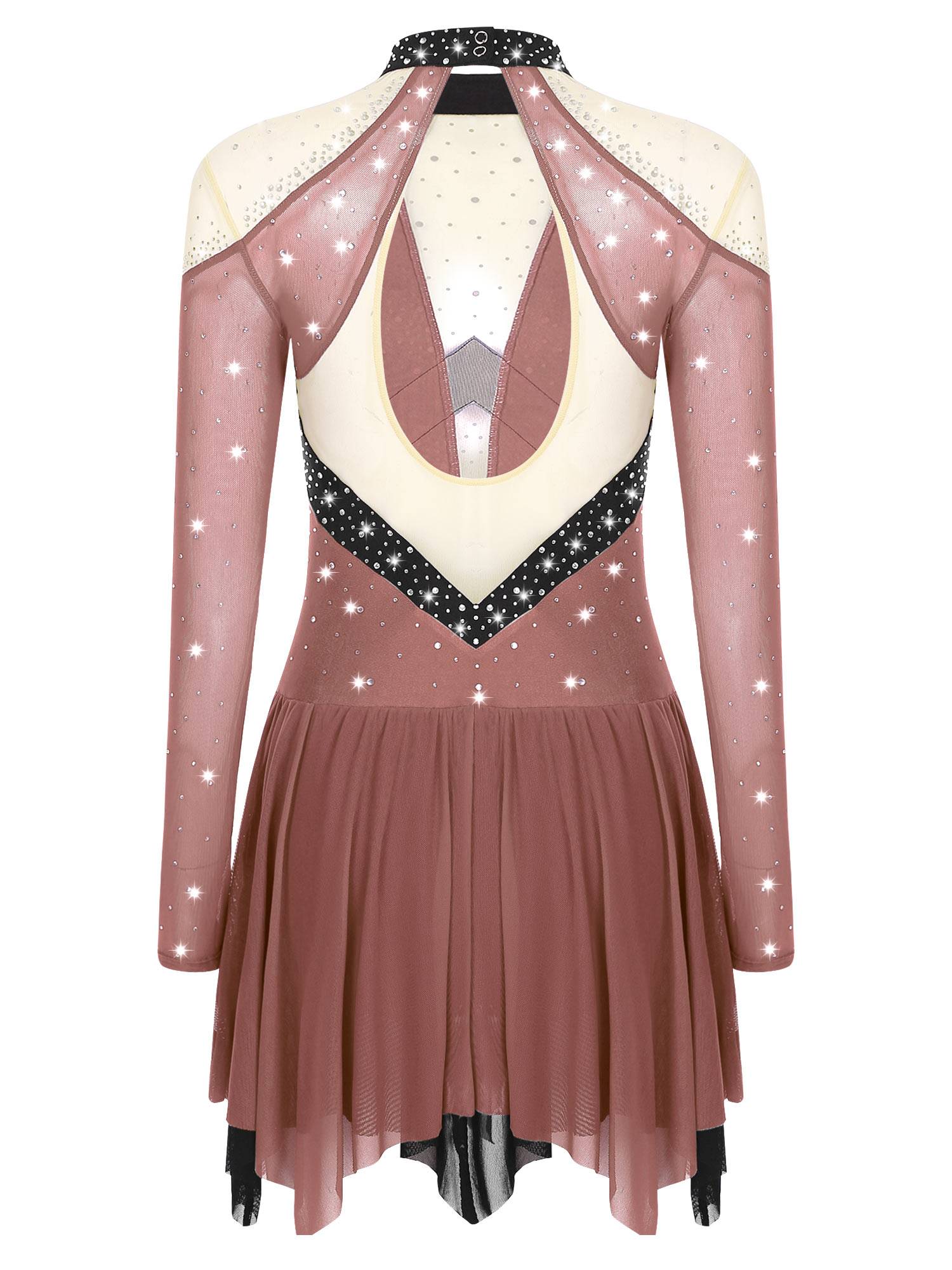Women Long Sleeve Sparkle Rhinestones Asymmetrical Dress for Figure Skating