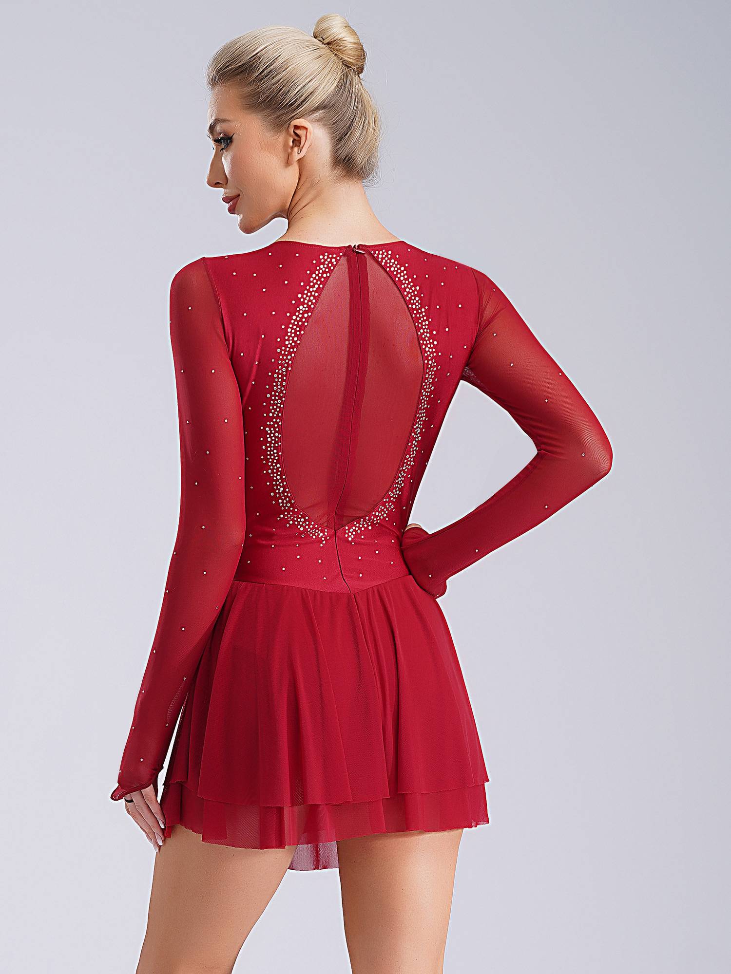Women Long Sleeve Sheer Mesh Rhinestones Figure Skating Leotard Dress