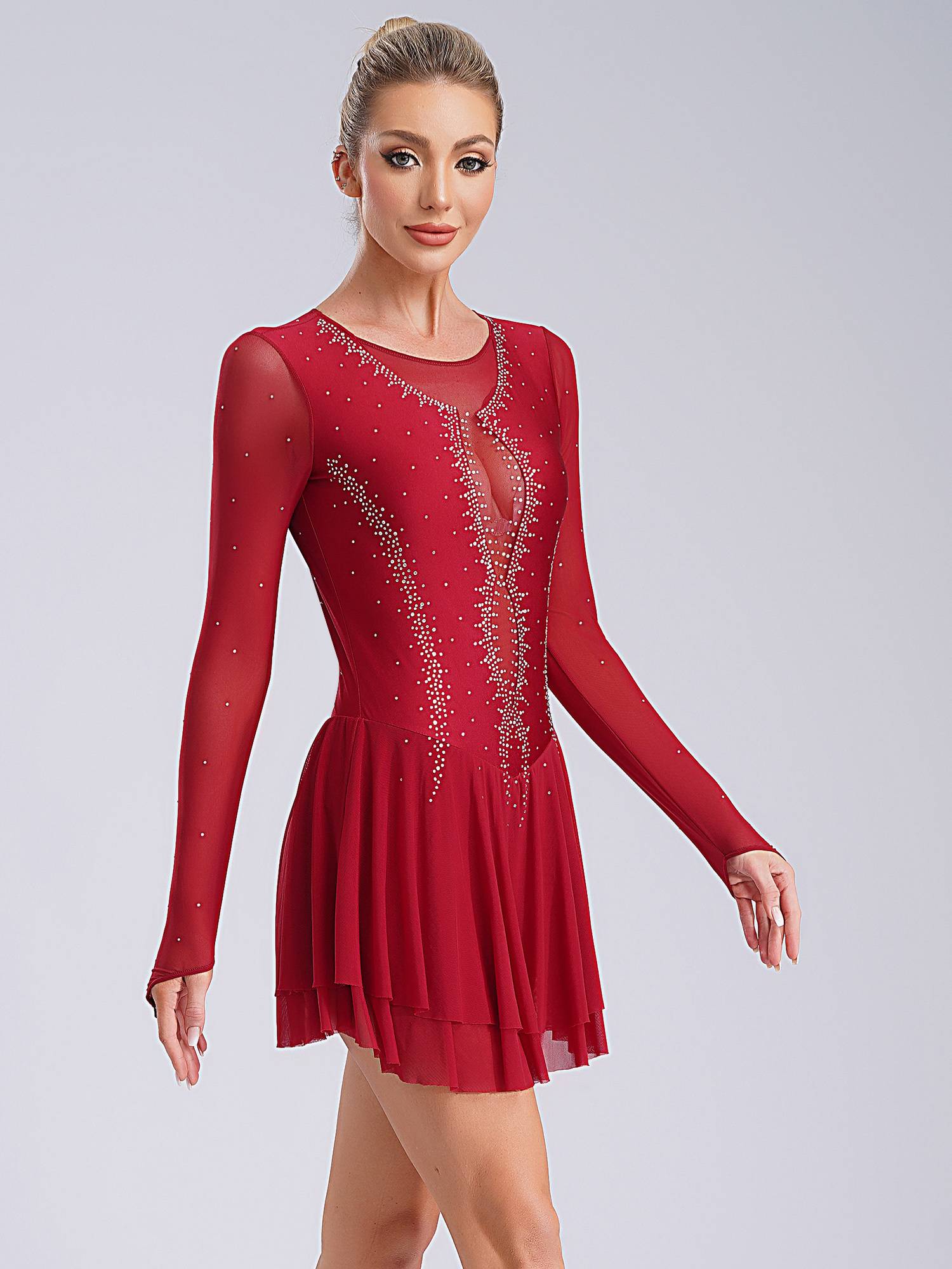 Women Long Sleeve Sheer Mesh Rhinestones Figure Skating Leotard Dress