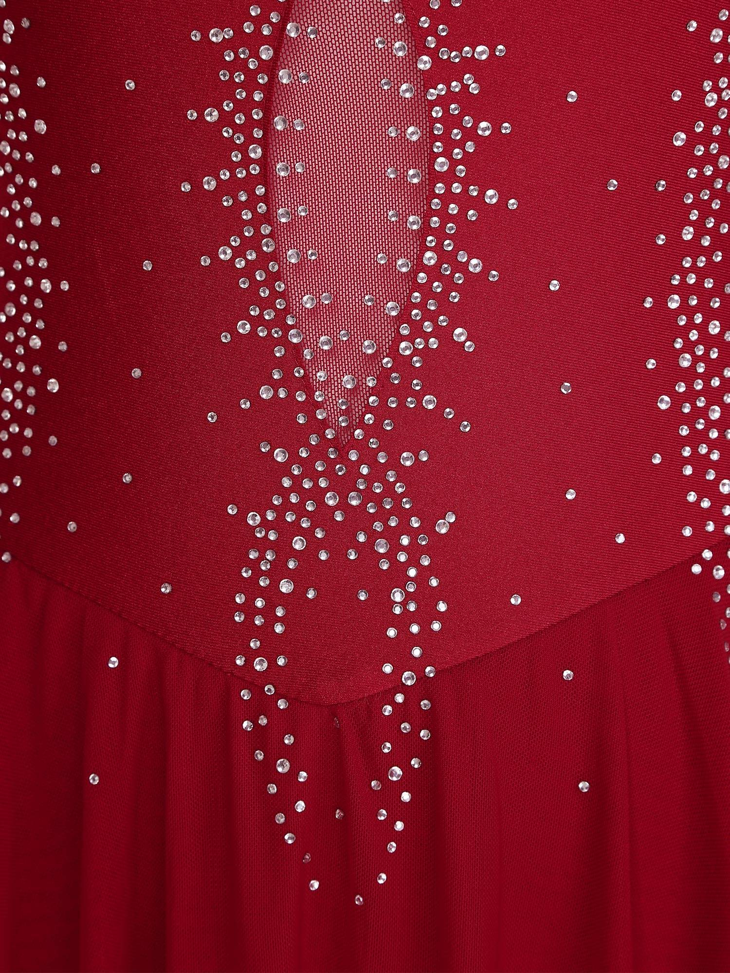 Women Long Sleeve Sheer Mesh Rhinestones Figure Skating Leotard Dress