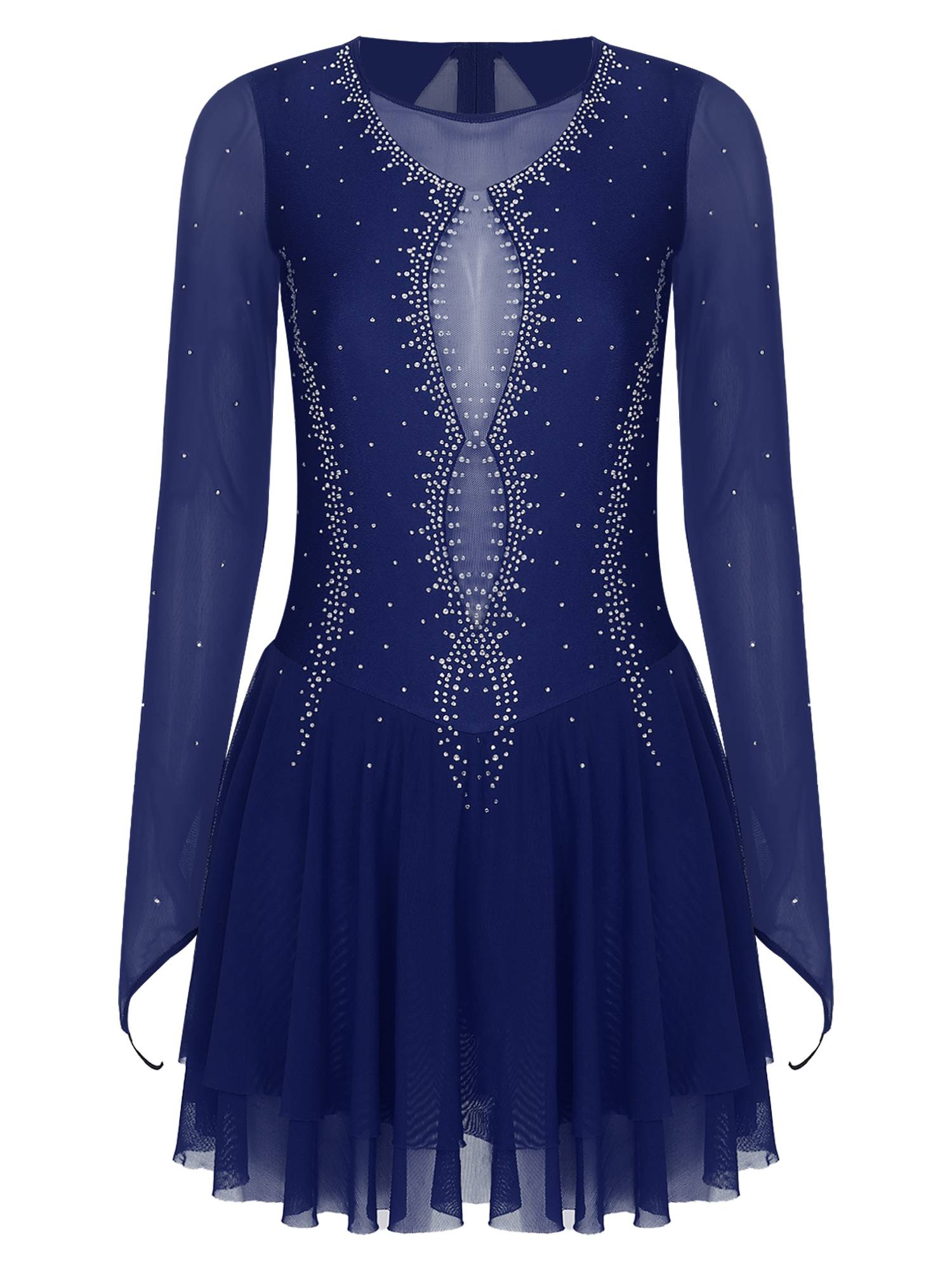 Women Long Sleeve Sheer Mesh Rhinestones Figure Skating Leotard Dress