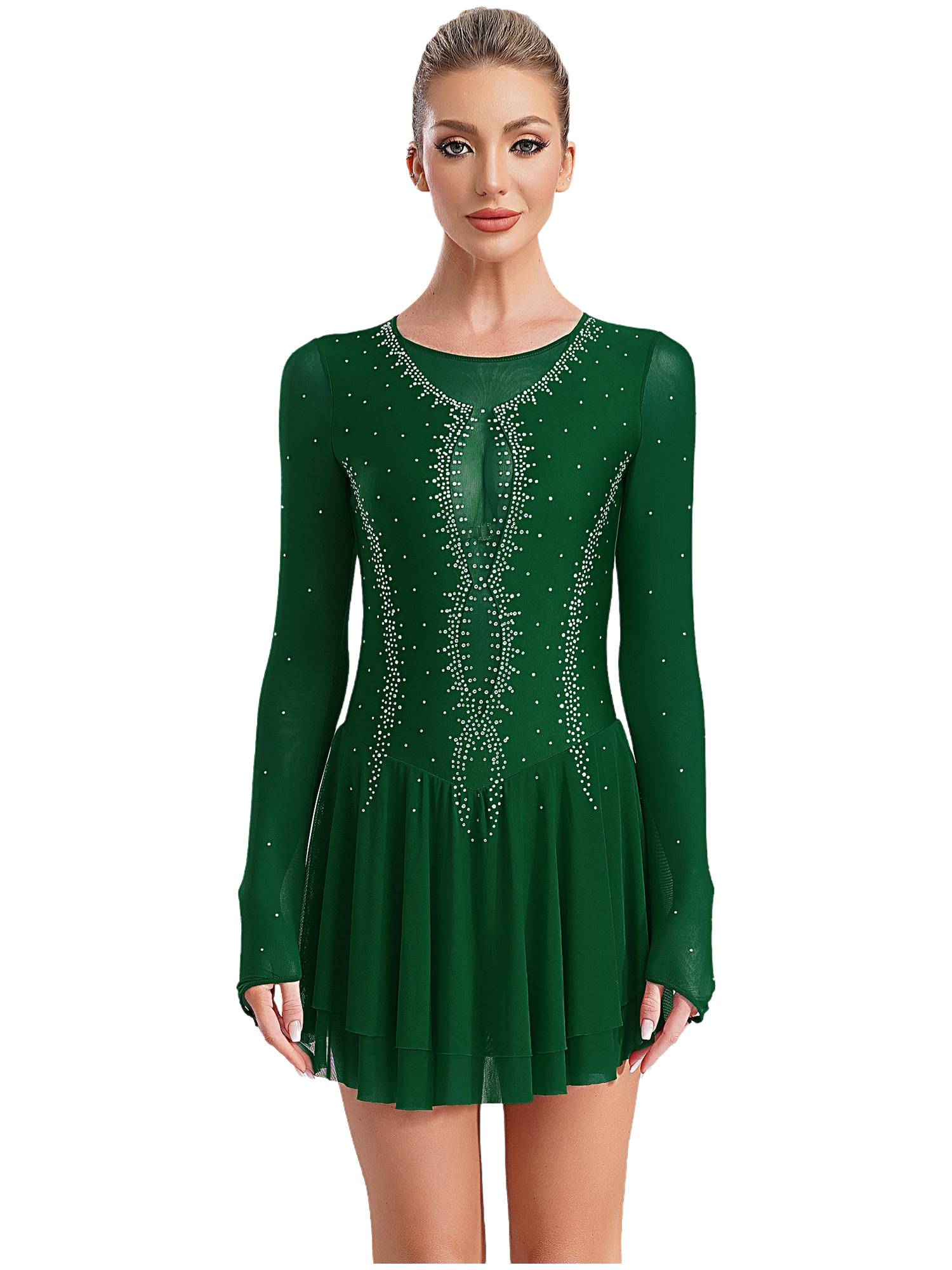 Women Long Sleeve Sheer Mesh Rhinestones Figure Skating Leotard Dress