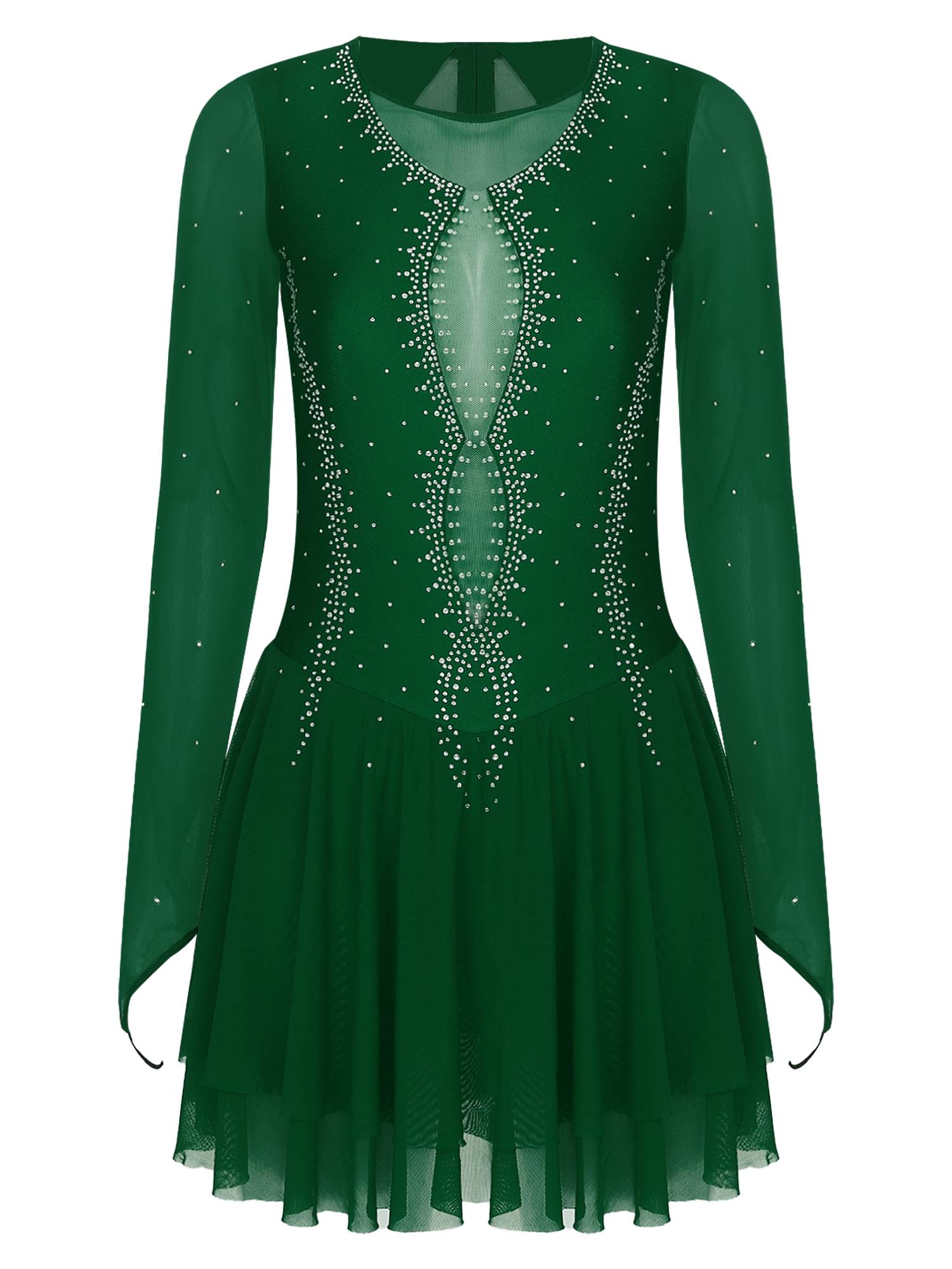 Women Long Sleeve Sheer Mesh Rhinestones Figure Skating Leotard Dress