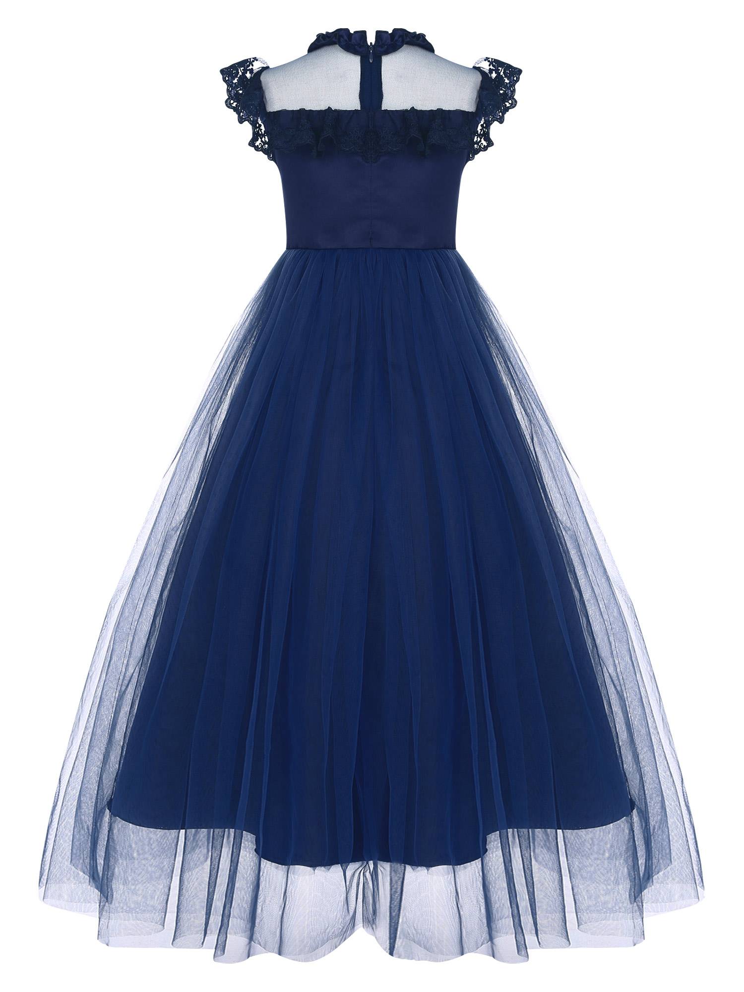 Girls Flutter Sleeve Lace Tulle A-line Midi Length Flower Girl Dress