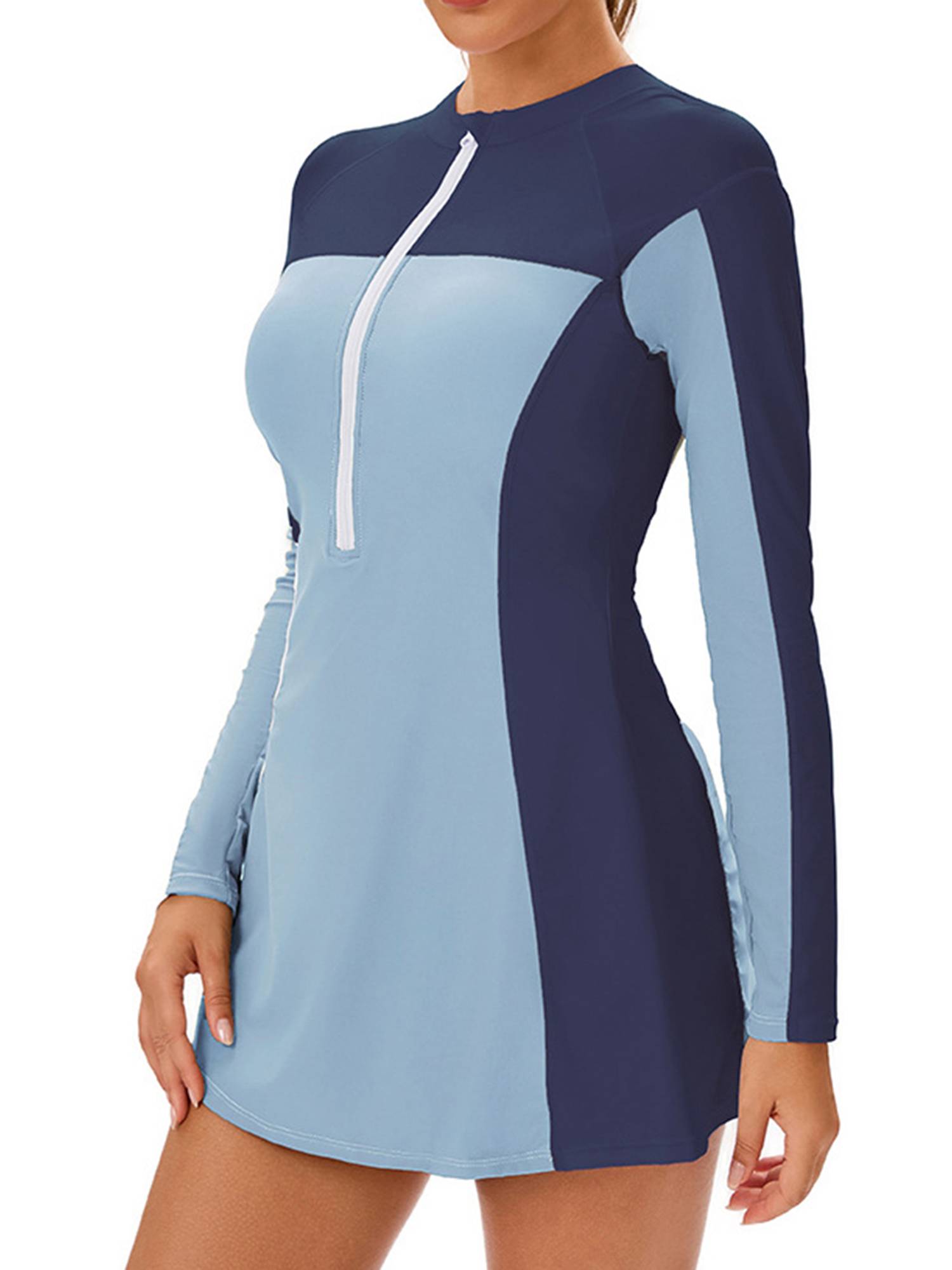 Women Long Sleeve Front Zipper Swim A-line Dress UPF 50+ Rash Guard