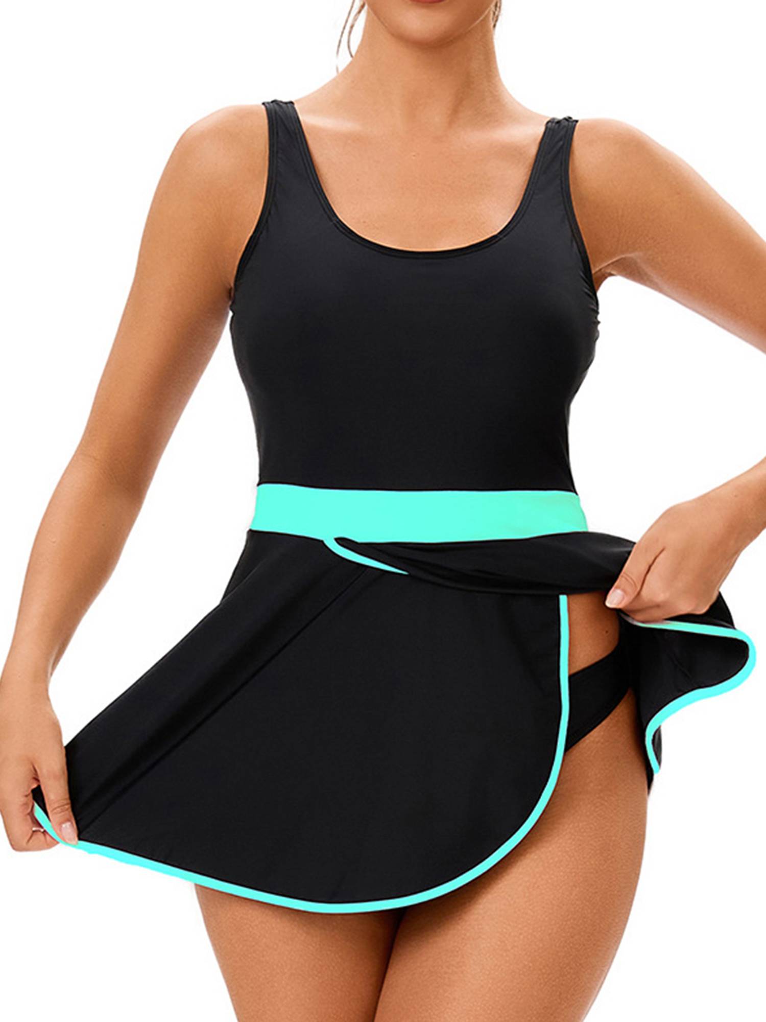 Women Two Pieces Beach Rash Guard Sleeveless Swim Dress with Briefs Set