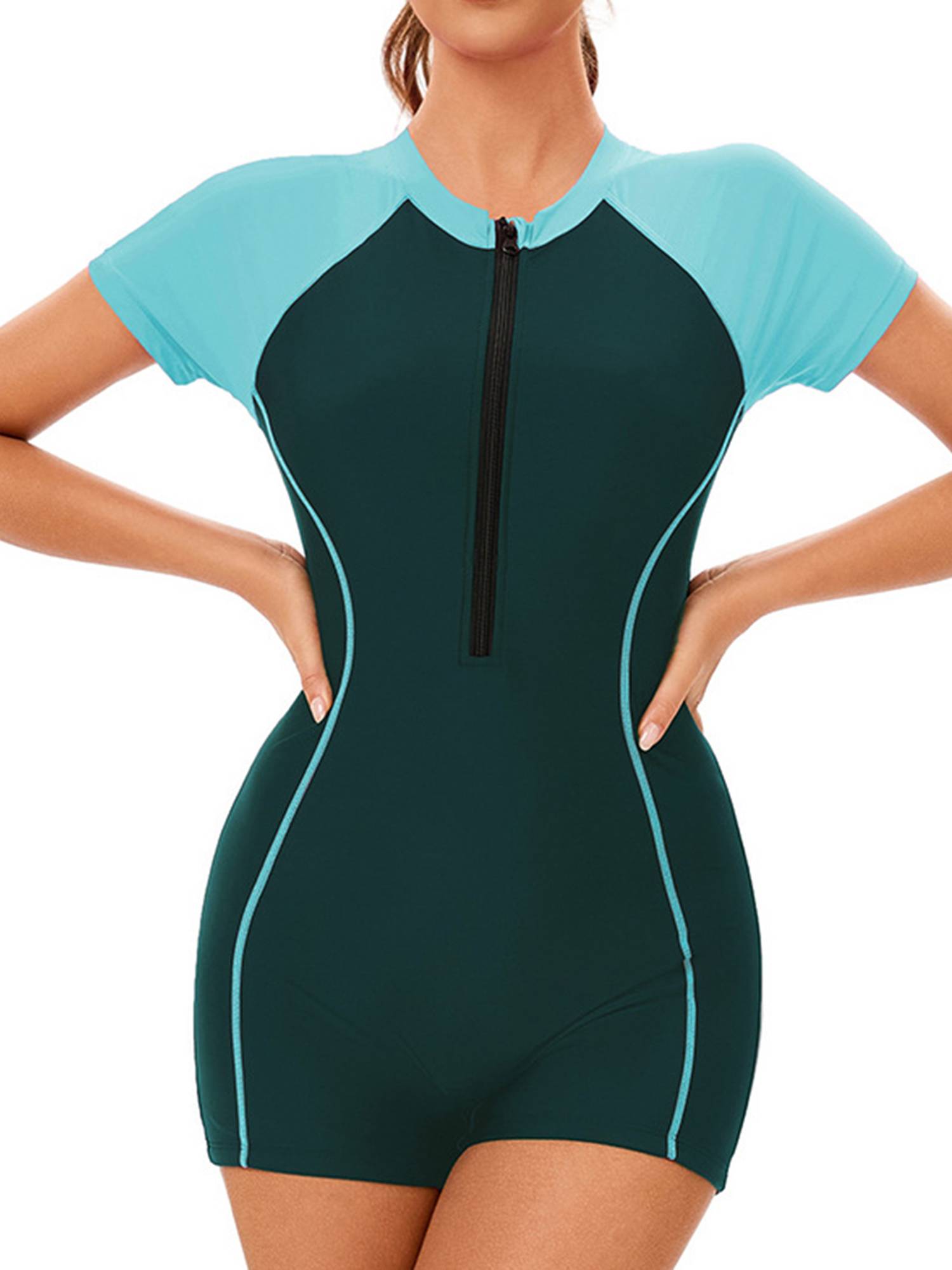 Women Short Sleeve Front Zipper One Piece Athletic Swimsuit Surfing Rash Guard
