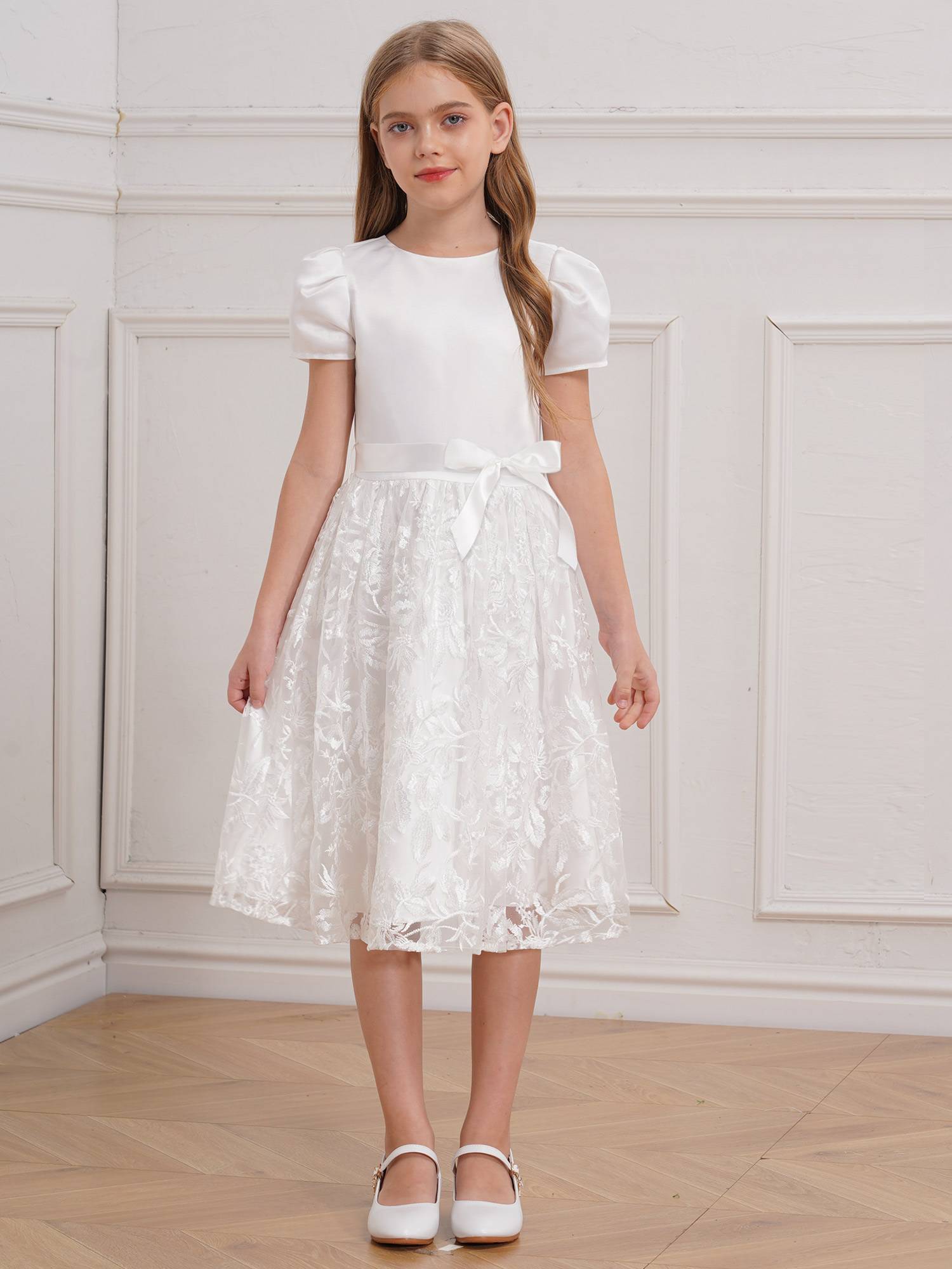Girls Short Sleeve Embroidery Tulle Knee Length Dress with Belt for Communion