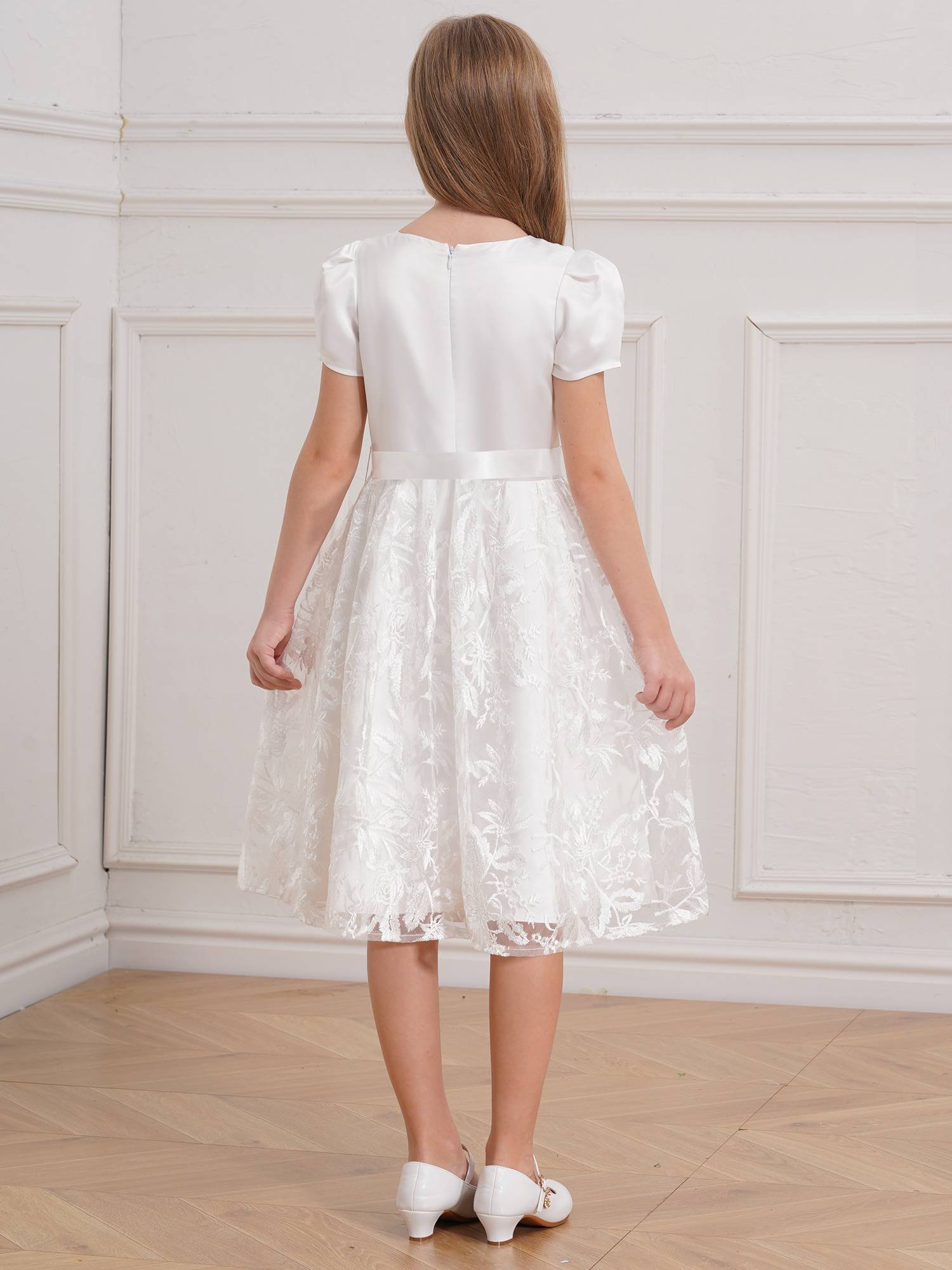 Girls Short Sleeve Embroidery Tulle Knee Length Dress with Belt for Communion