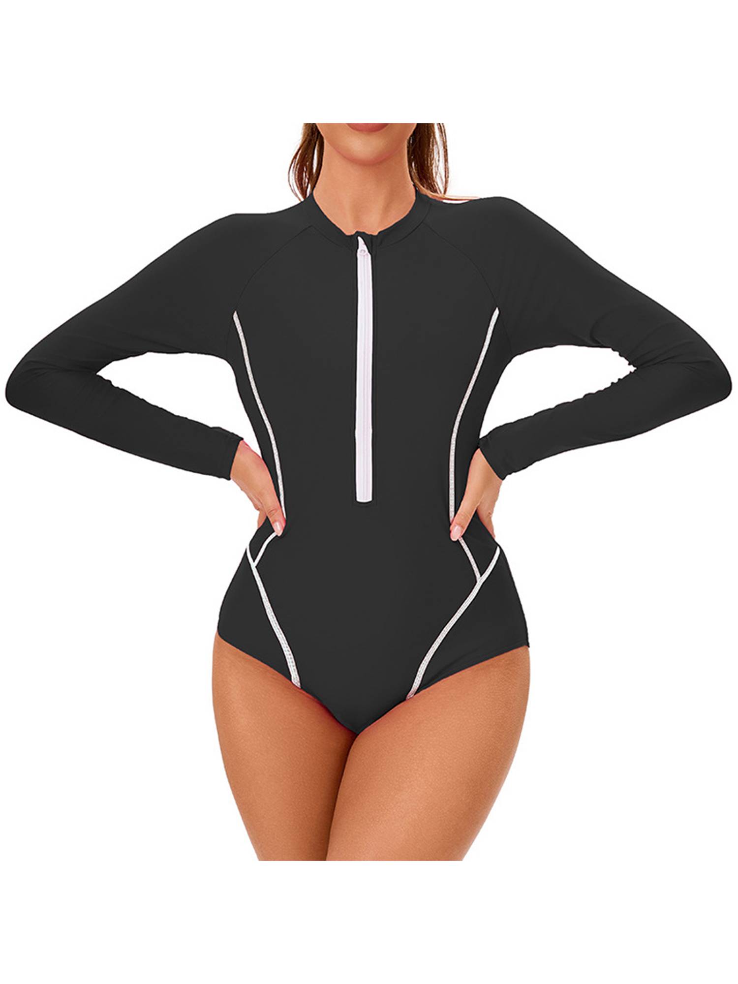 Women Long Sleeve Front Zipper Wetsuit One Piece Athletic Swimsuit