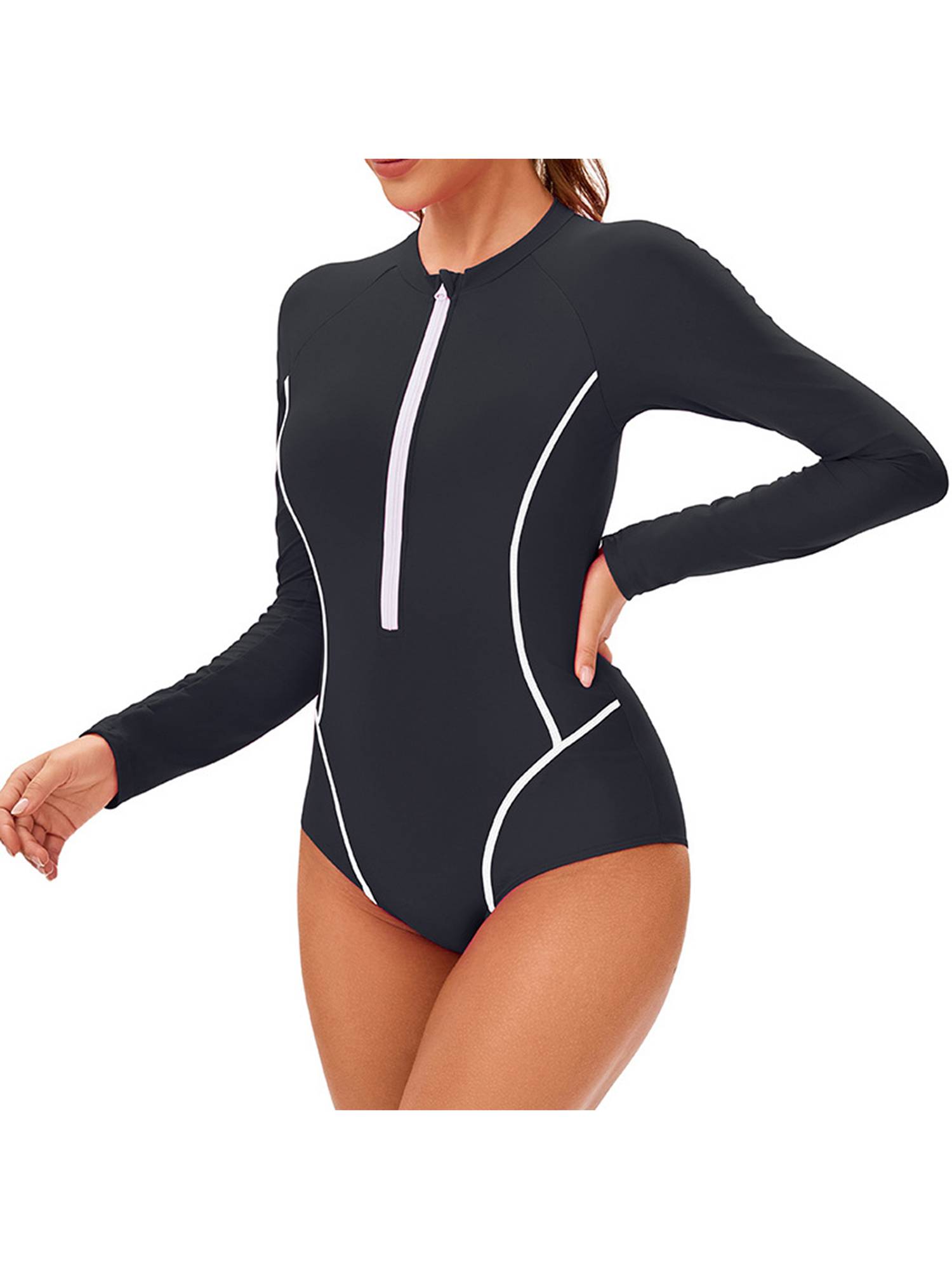 Women Long Sleeve Front Zipper Wetsuit One Piece Athletic Swimsuit