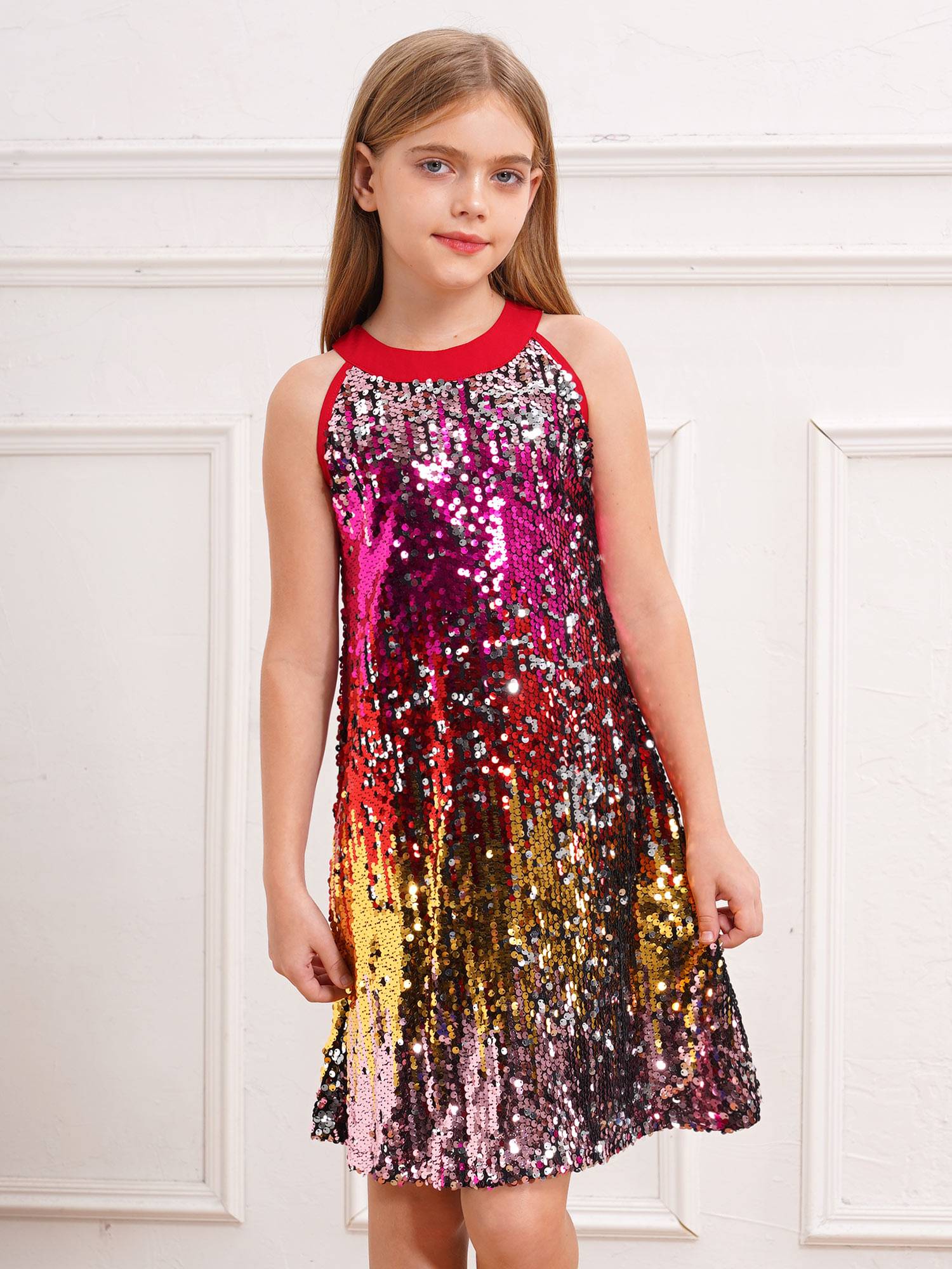 Kids Girls Sleeveless Glittery Sequins Dress for Birthday Party