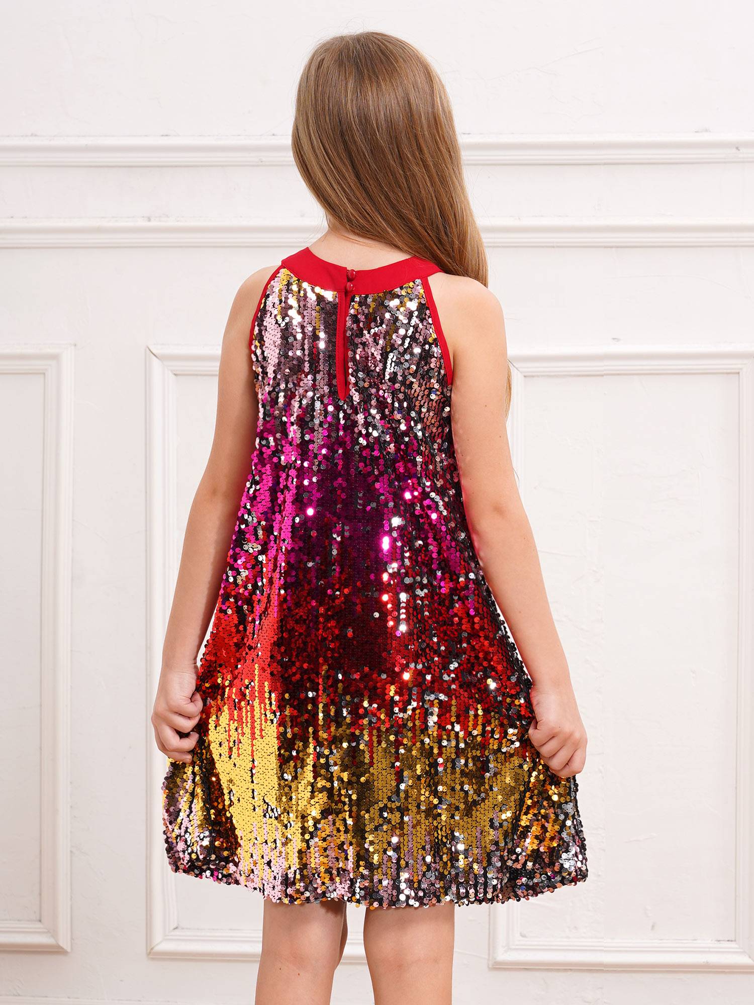 Kids Girls Sleeveless Glittery Sequins Dress for Birthday Party