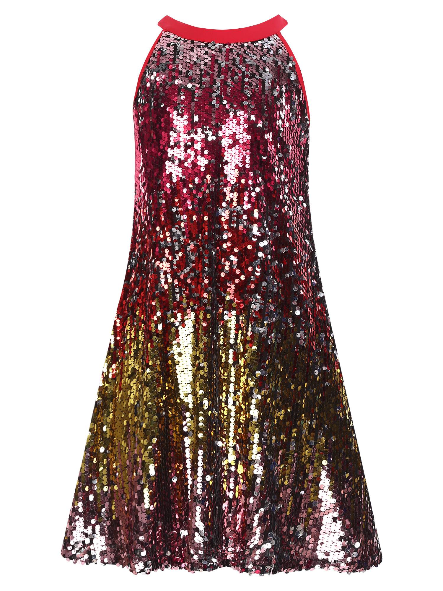 Kids Girls Sleeveless Glittery Sequins Dress for Birthday Party