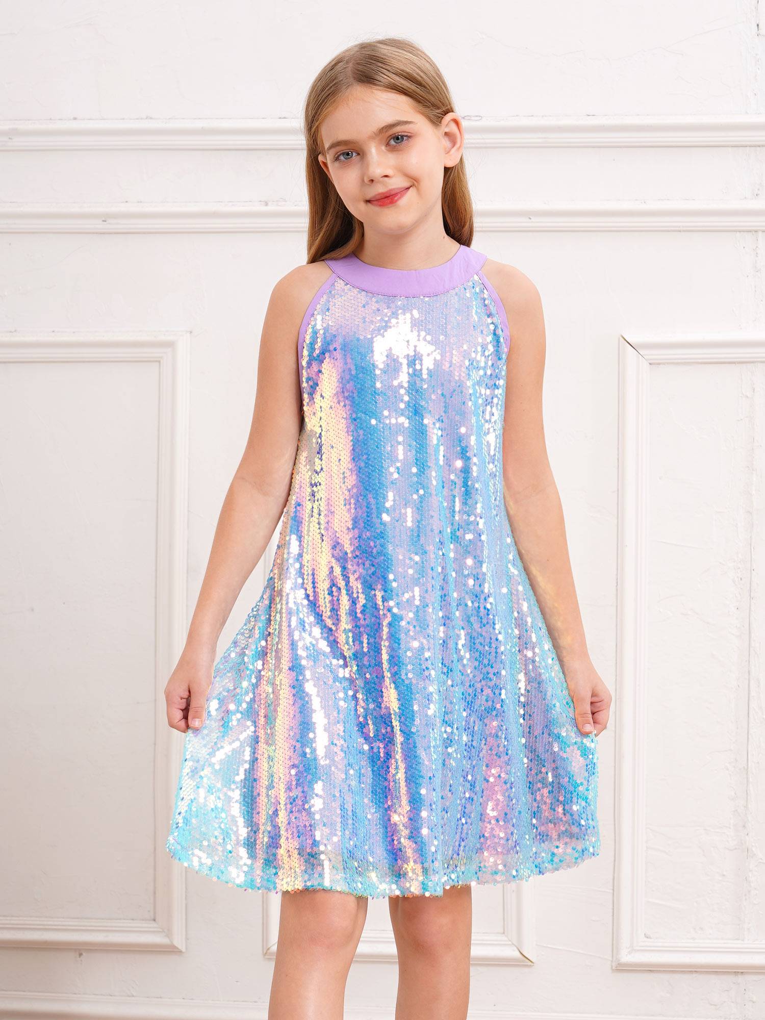 Kids Girls Sleeveless Glittery Sequins Dress for Birthday Party