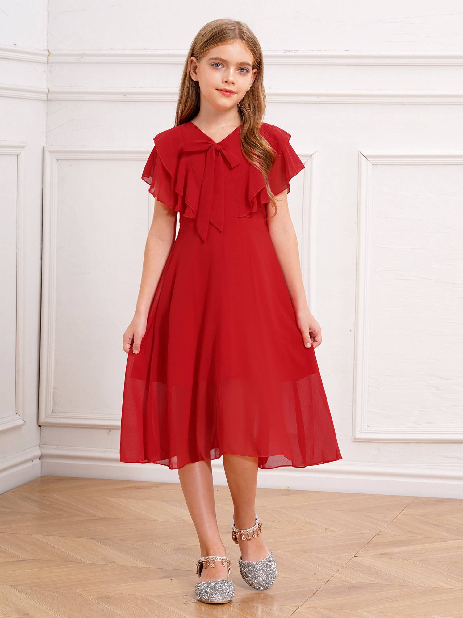 Kids Girls Short Sleeve V Neck Ruffle Chiffon A-line Dress