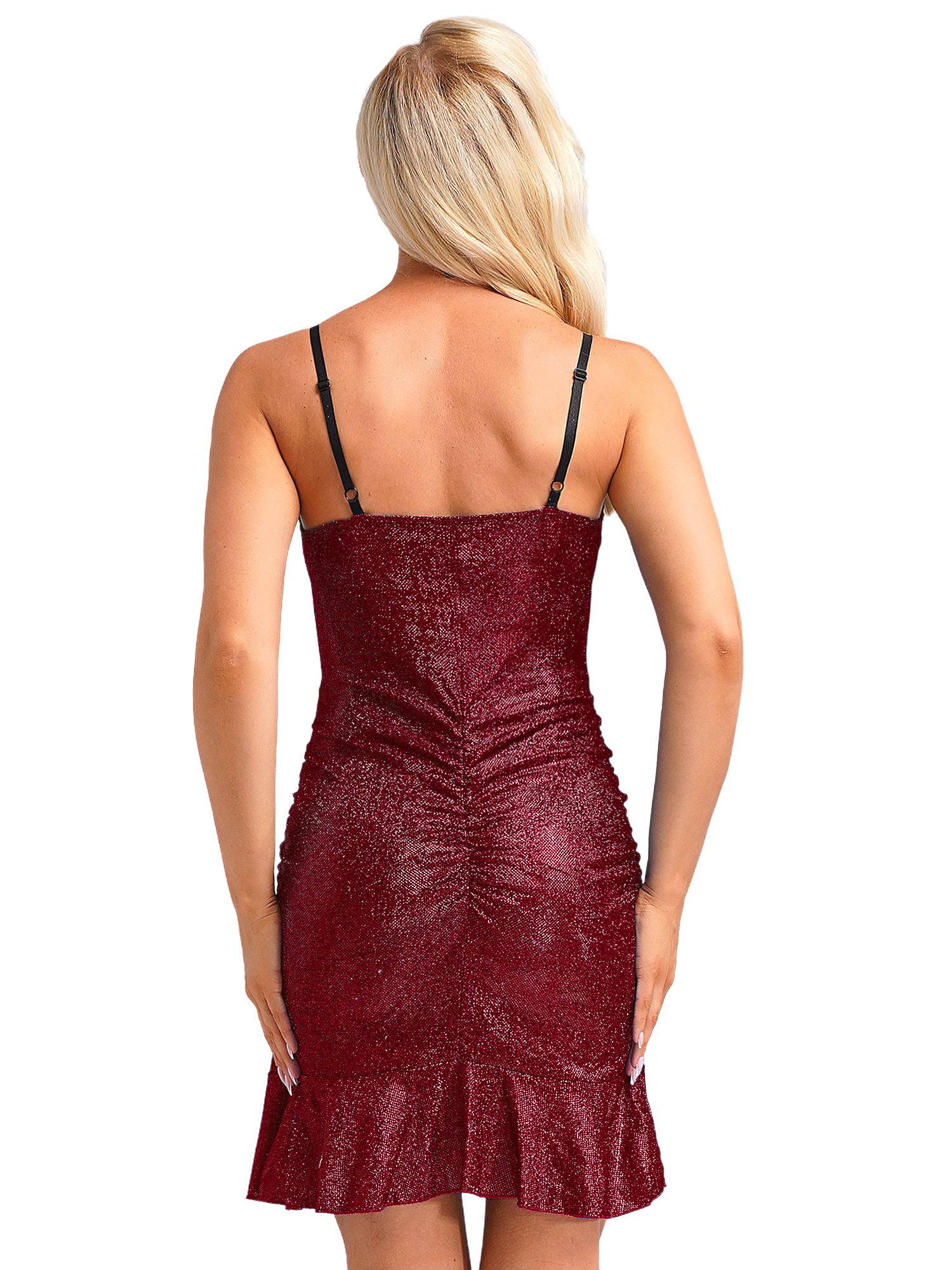 Women Sleeveless V Neck Glittery Ruffled Cocktail Dress