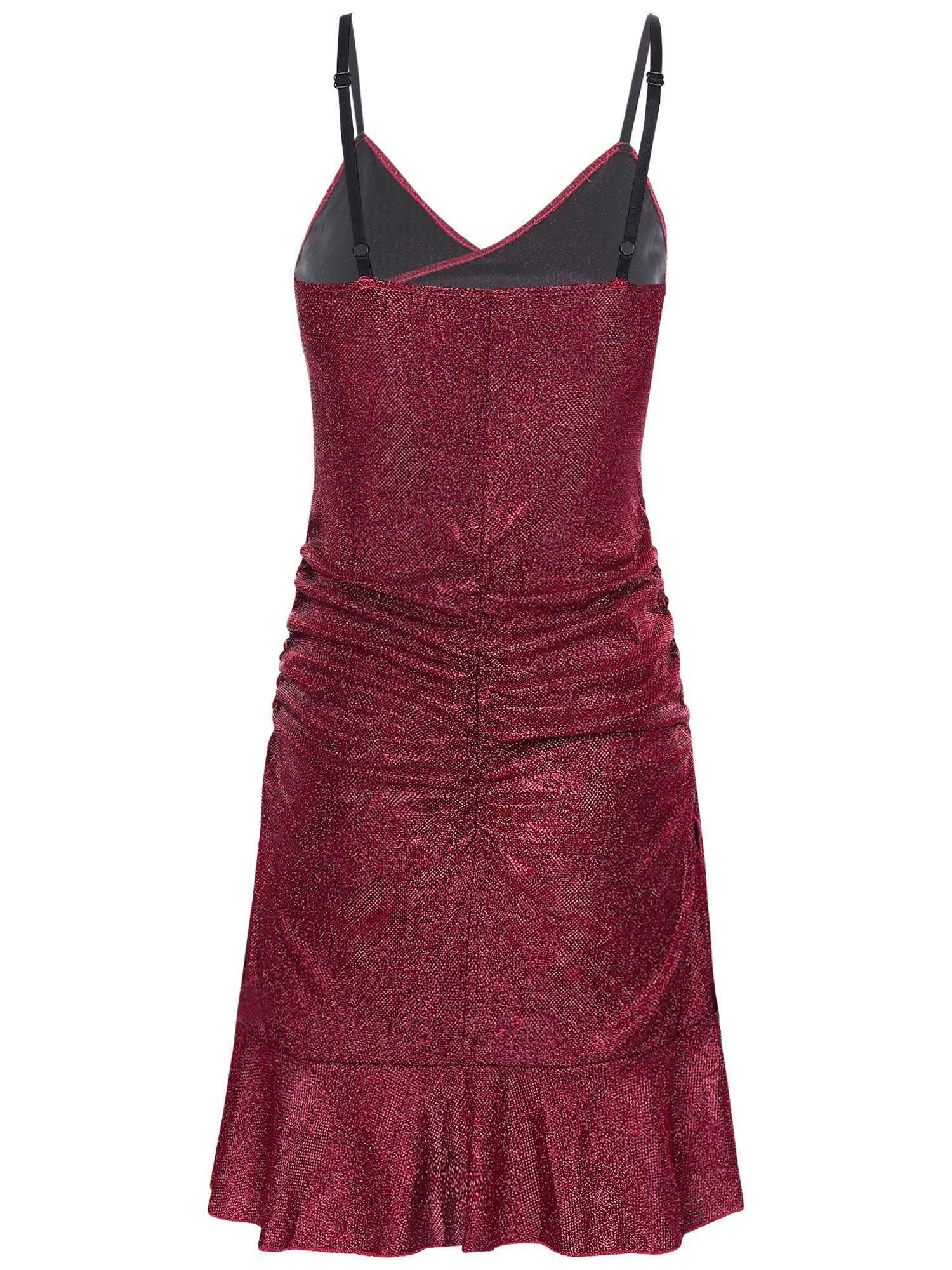 Women Sleeveless V Neck Glittery Ruffled Cocktail Dress