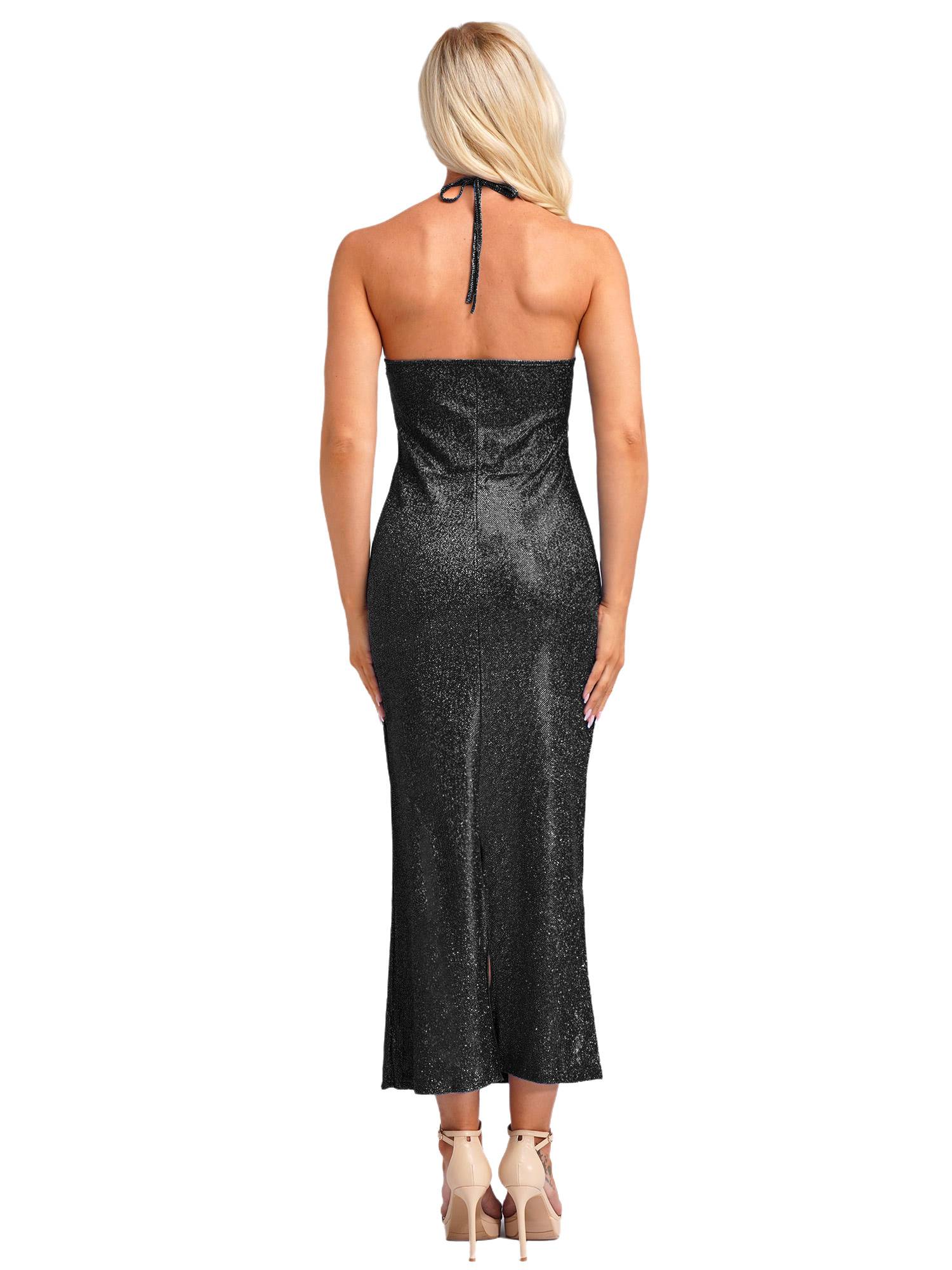 Women Sleeveless Halter Neck Glittery Bodycon Dress for Evening Party