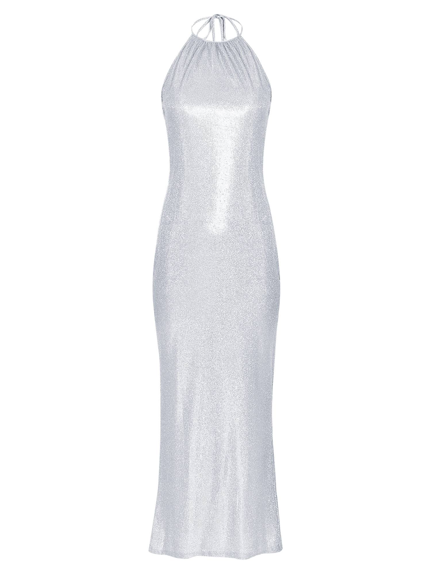 Women Sleeveless Halter Neck Glittery Bodycon Dress for Evening Party
