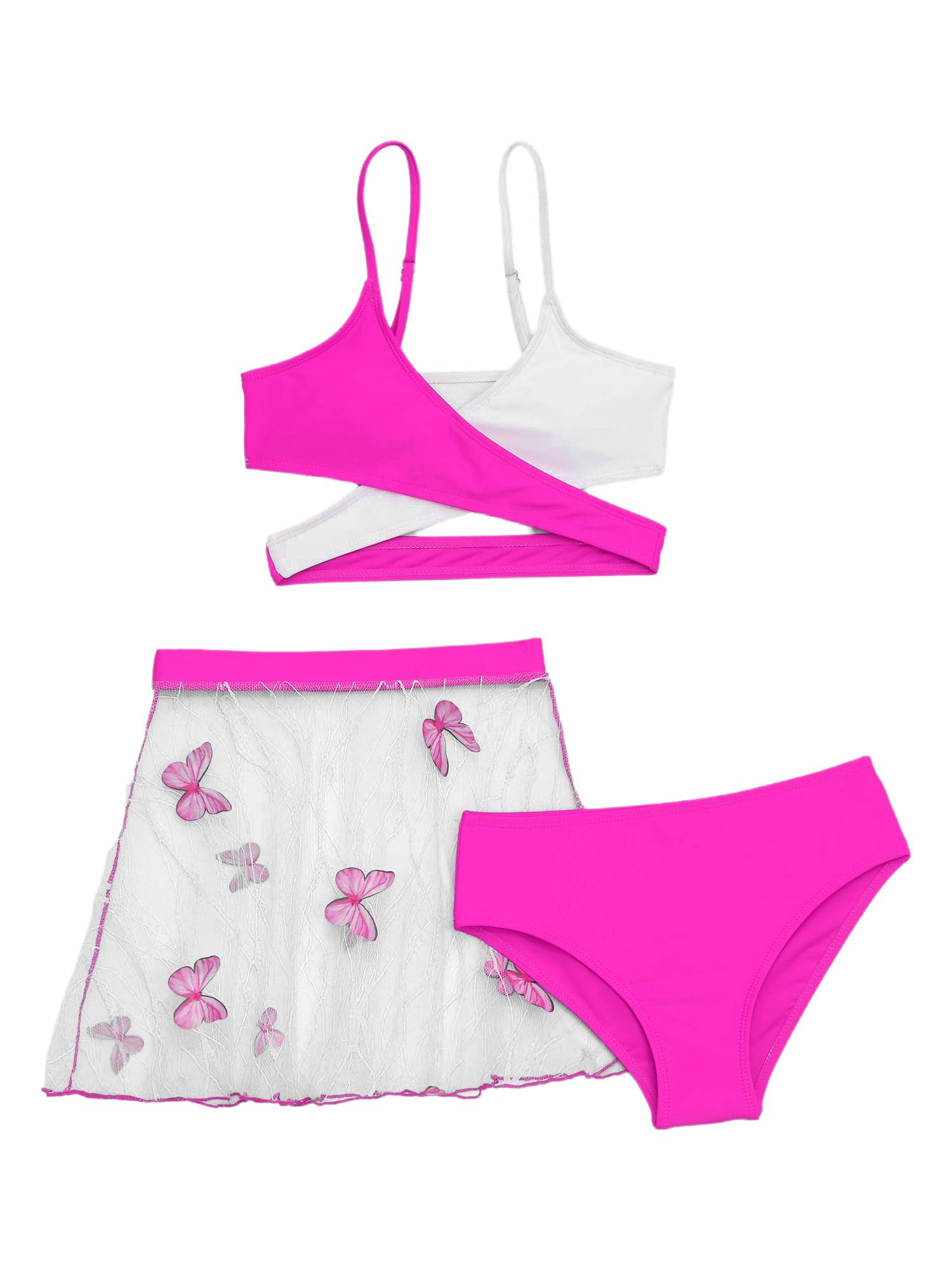 Girls 3pcs Criss Cross Wrap Bikini Set with See Through Butterfly Skirt Swimsuit