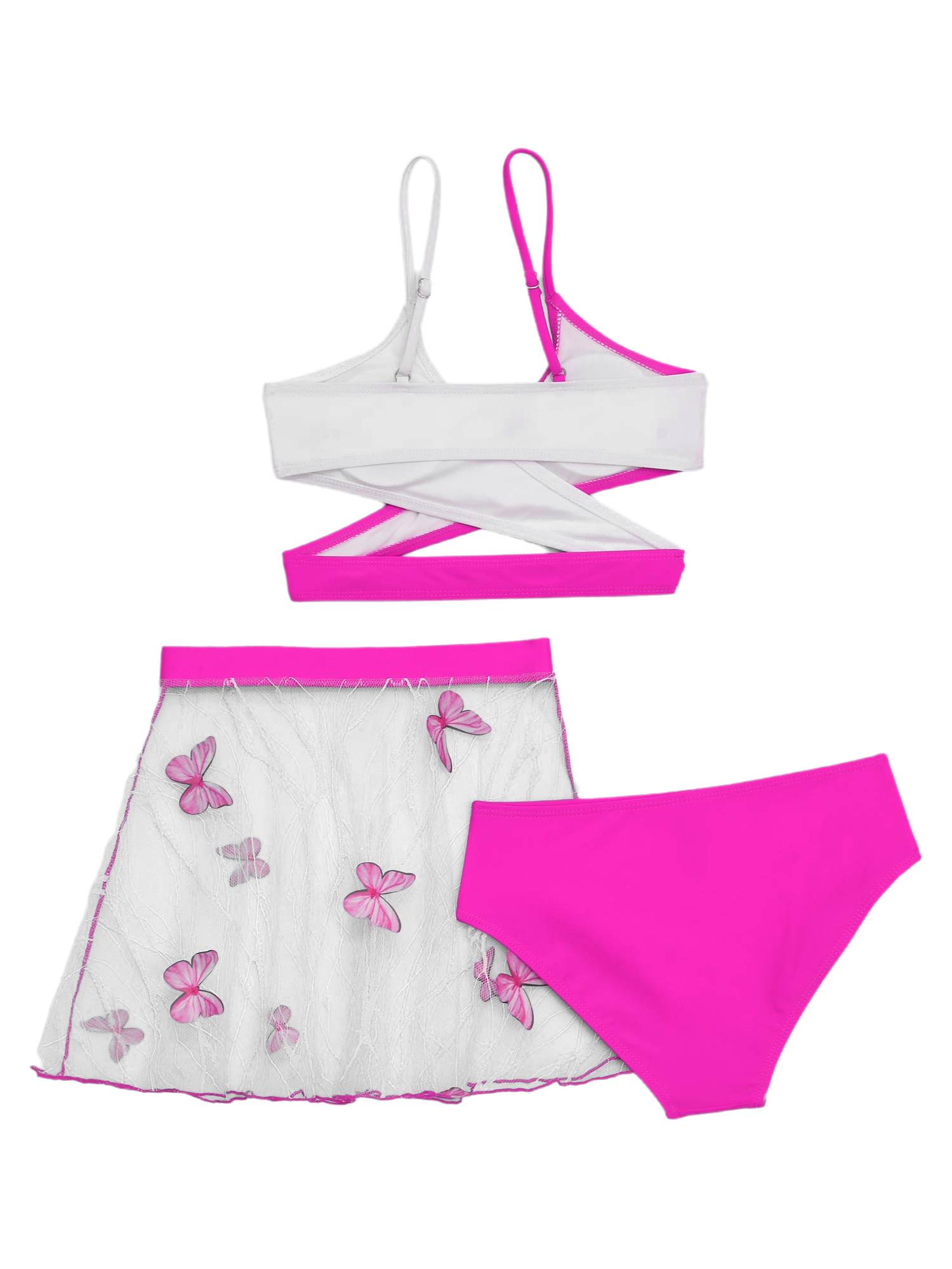 Girls 3pcs Criss Cross Wrap Bikini Set with See Through Butterfly Skirt Swimsuit