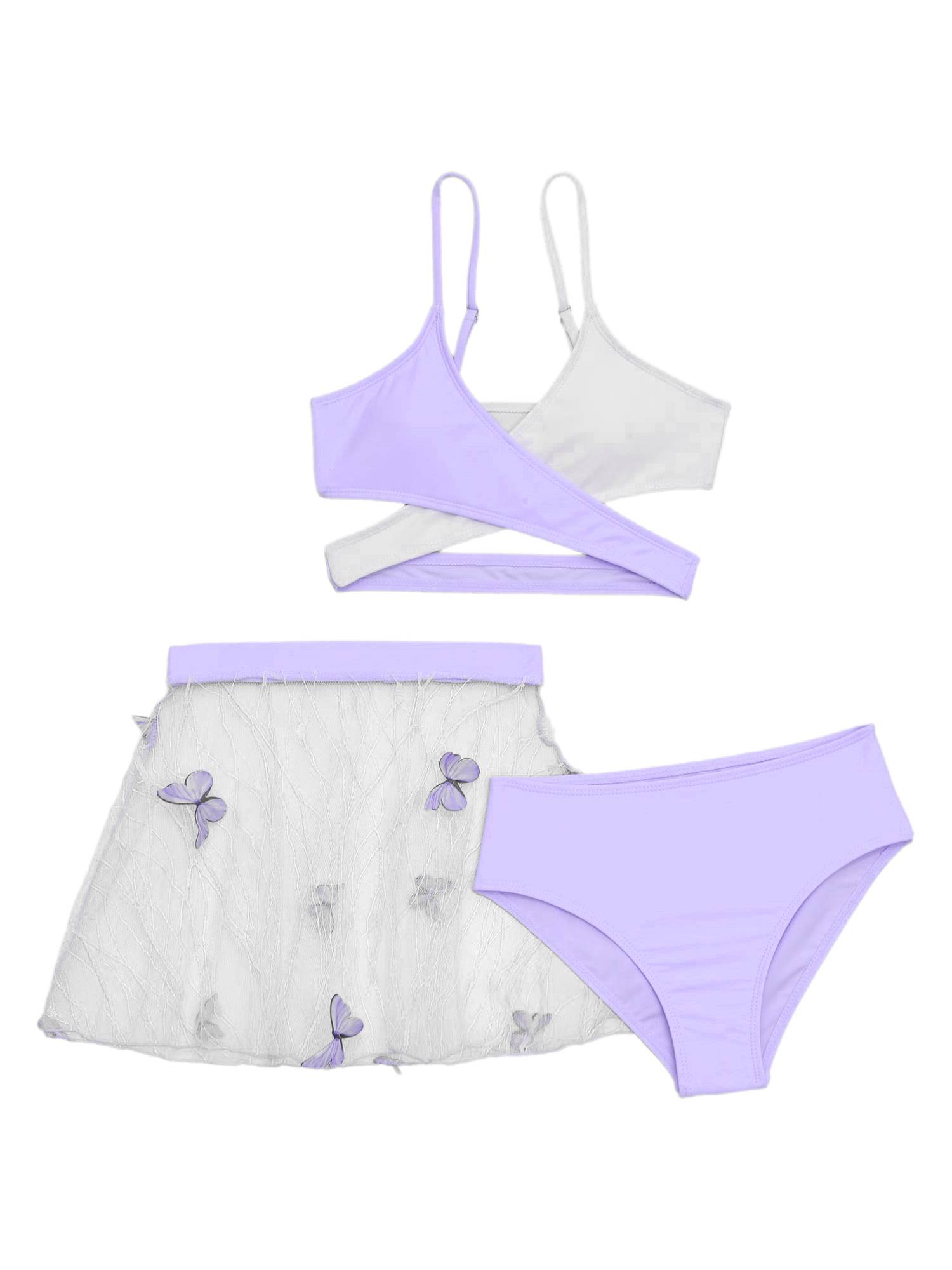 Girls 3pcs Criss Cross Wrap Bikini Set with See Through Butterfly Skirt Swimsuit