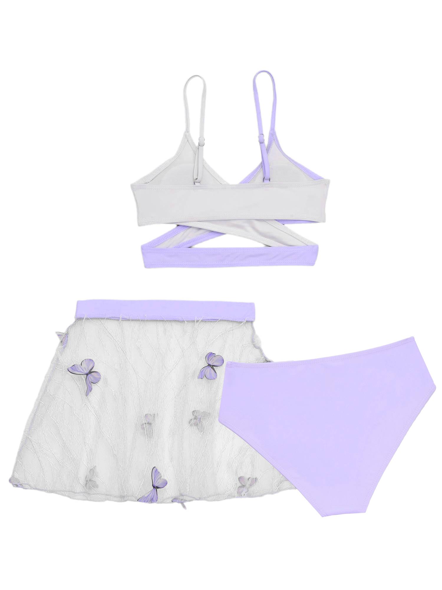 Girls 3pcs Criss Cross Wrap Bikini Set with See Through Butterfly Skirt Swimsuit