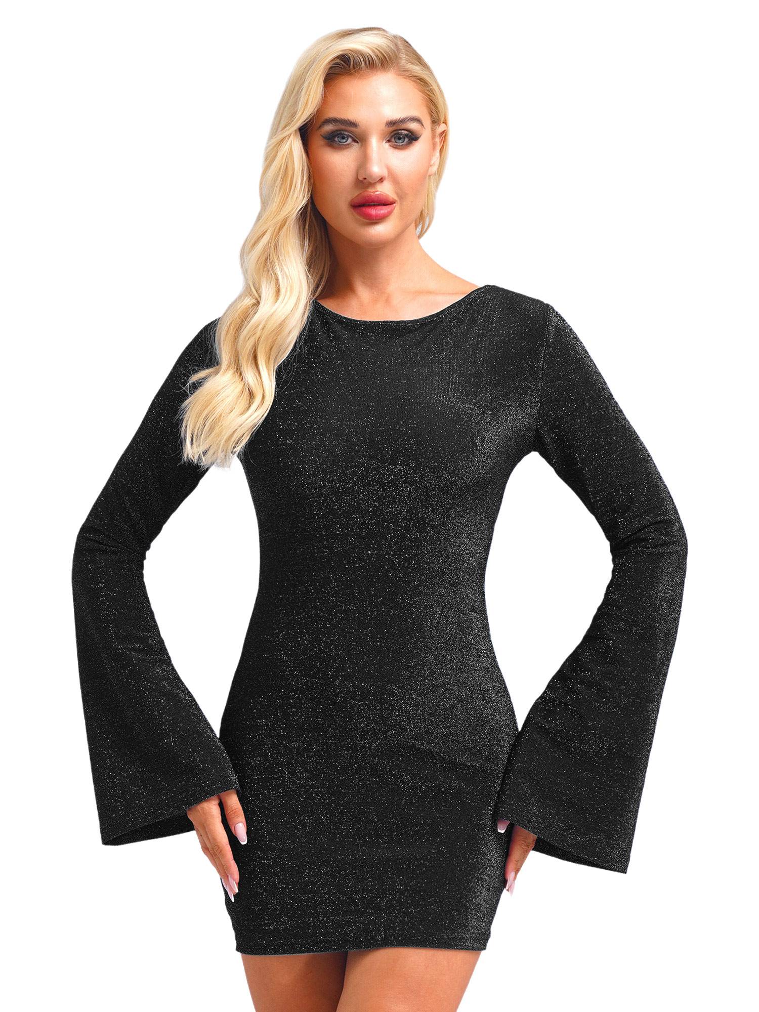 Women Long Sleeve Glittery Backless Self-tied Bodycon Mini Dress for Cocktail