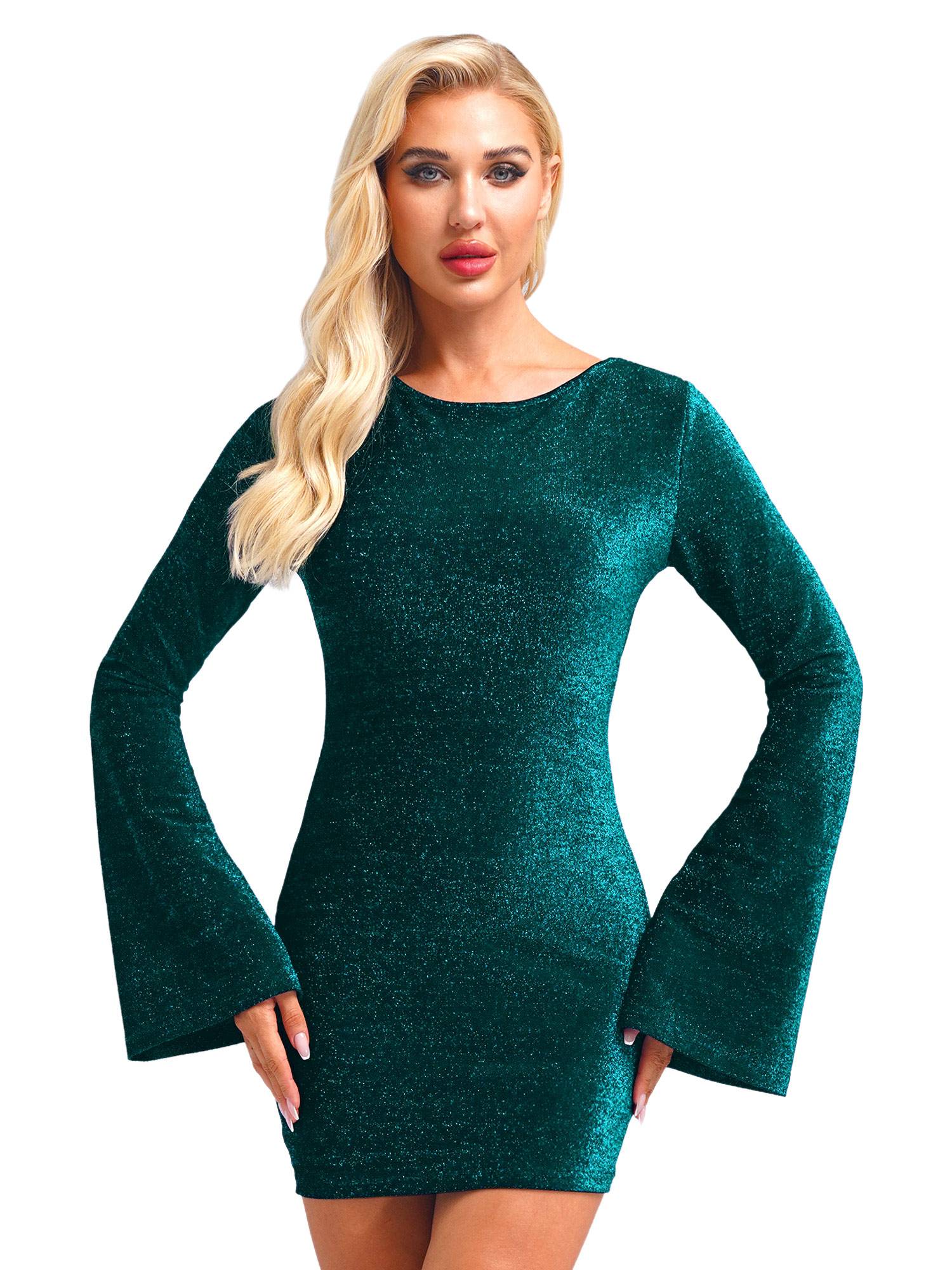 Women Long Sleeve Glittery Backless Self-tied Bodycon Mini Dress for Cocktail