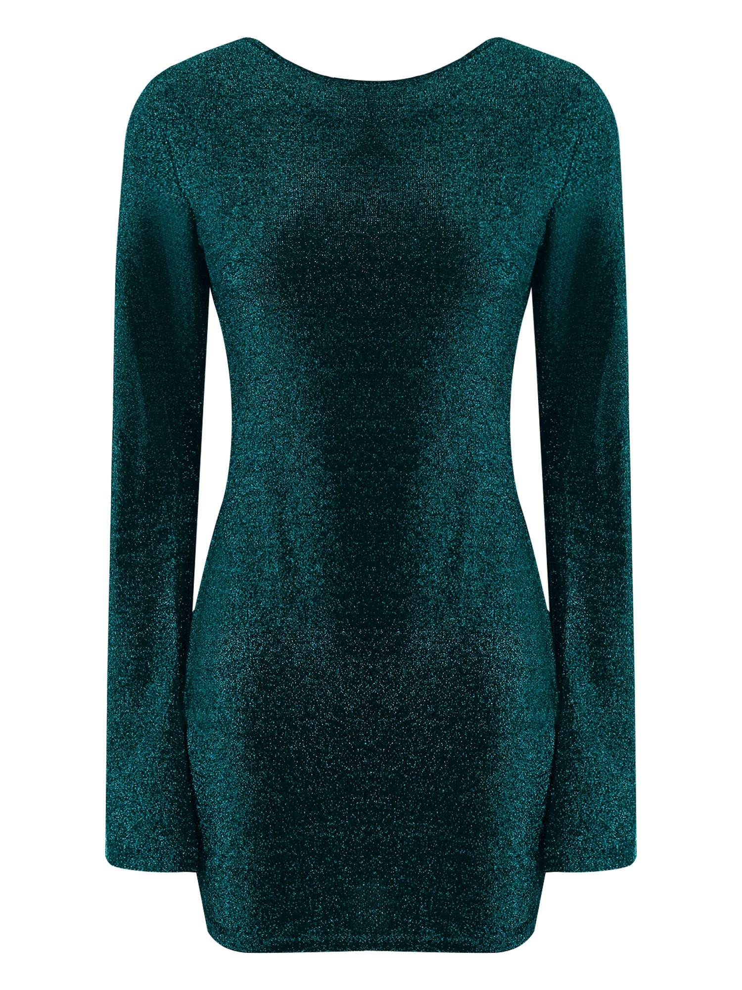 Women Long Sleeve Glittery Backless Self-tied Bodycon Mini Dress for Cocktail