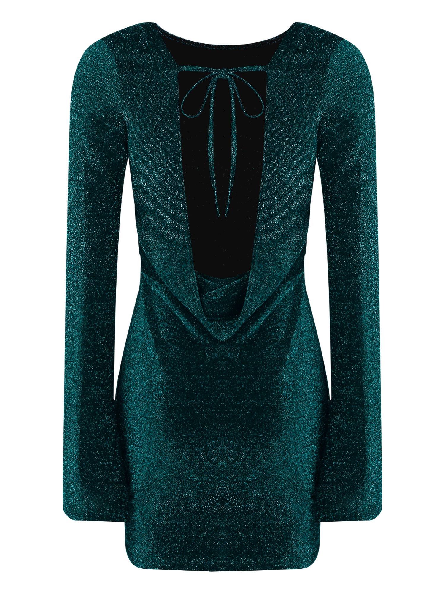 Women Long Sleeve Glittery Backless Self-tied Bodycon Mini Dress for Cocktail