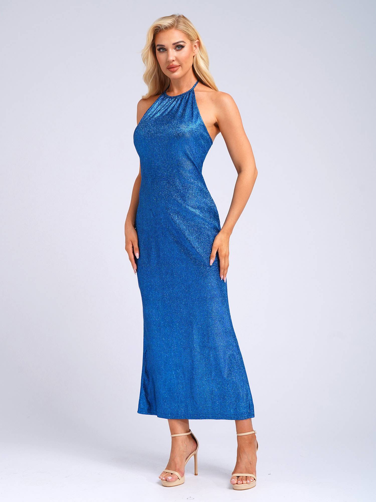 Women Sleeveless Halter Neck Glittery Bodycon Dress for Evening Party