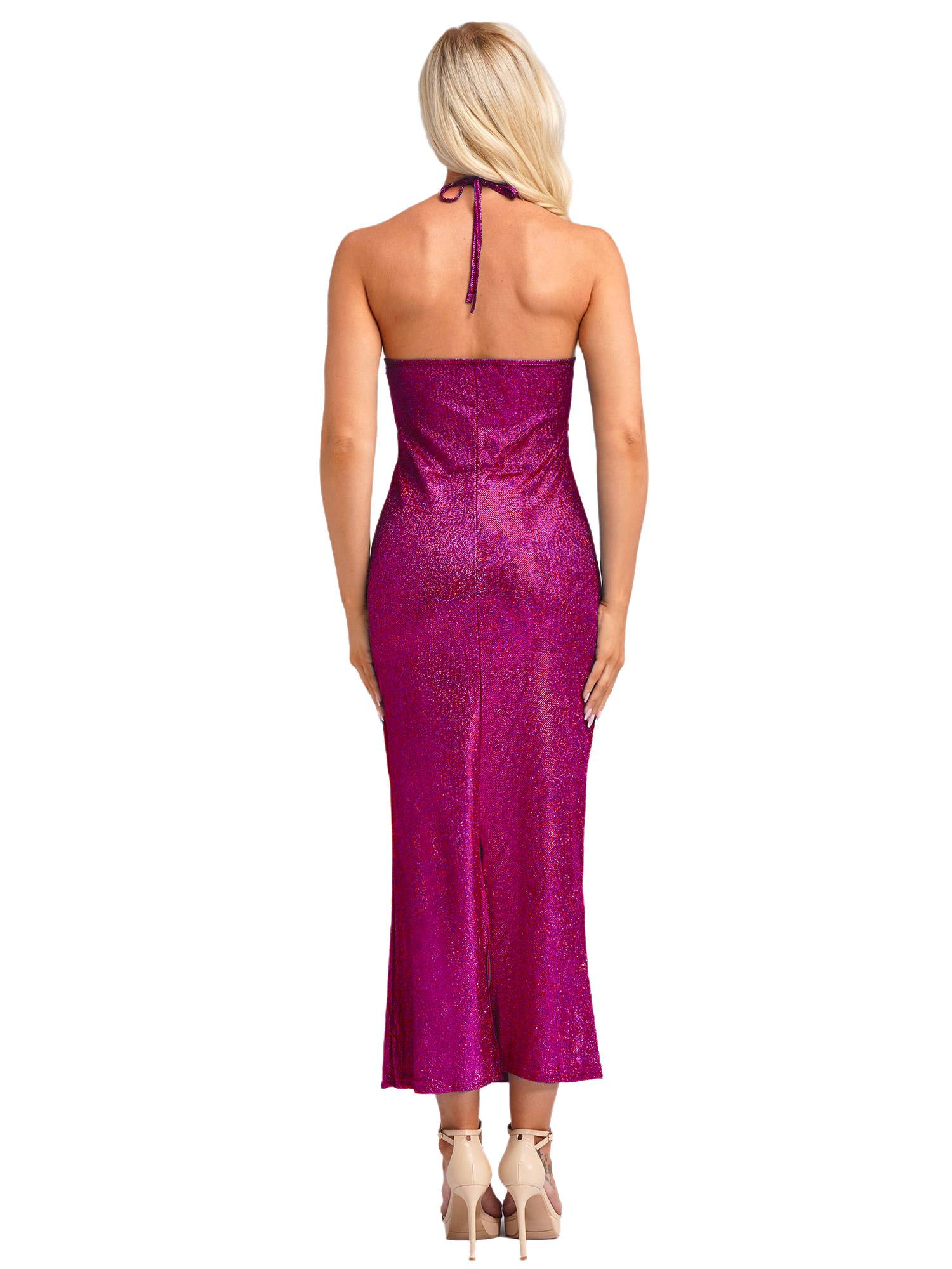 Women Sleeveless Halter Neck Glittery Bodycon Dress for Evening Party
