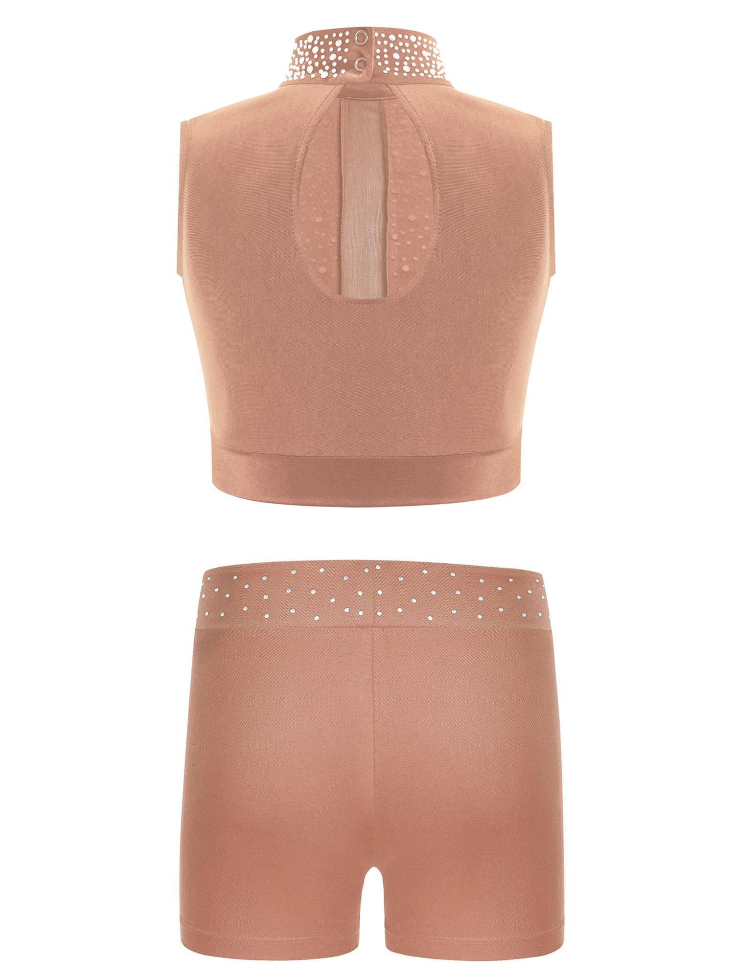 Kids Girls 2pcs Sleeveless Rhinestones Crop Top and Shorts Gymnastic Outfits