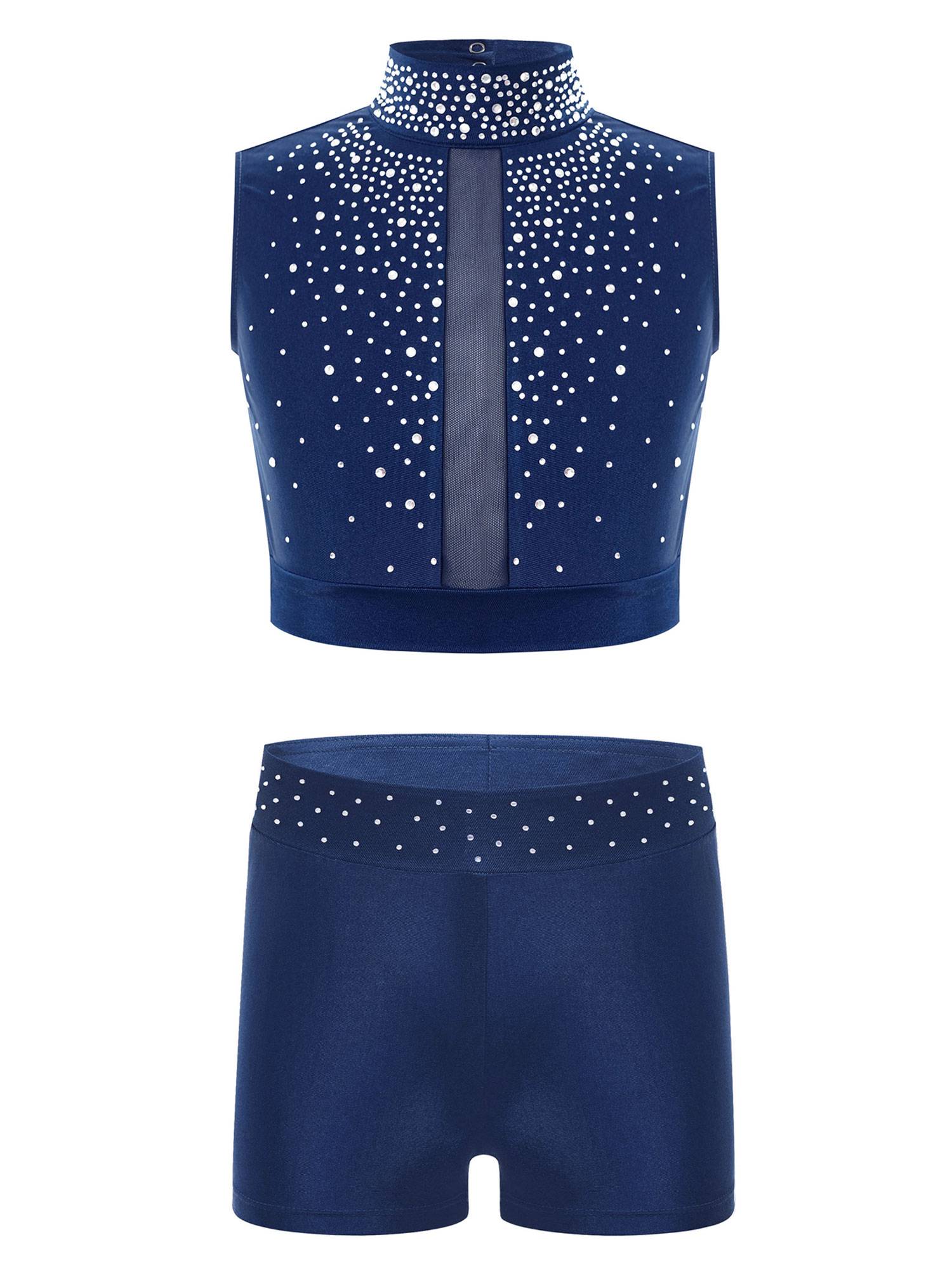 Kids Girls 2pcs Sleeveless Rhinestones Crop Top and Shorts Gymnastic Outfits