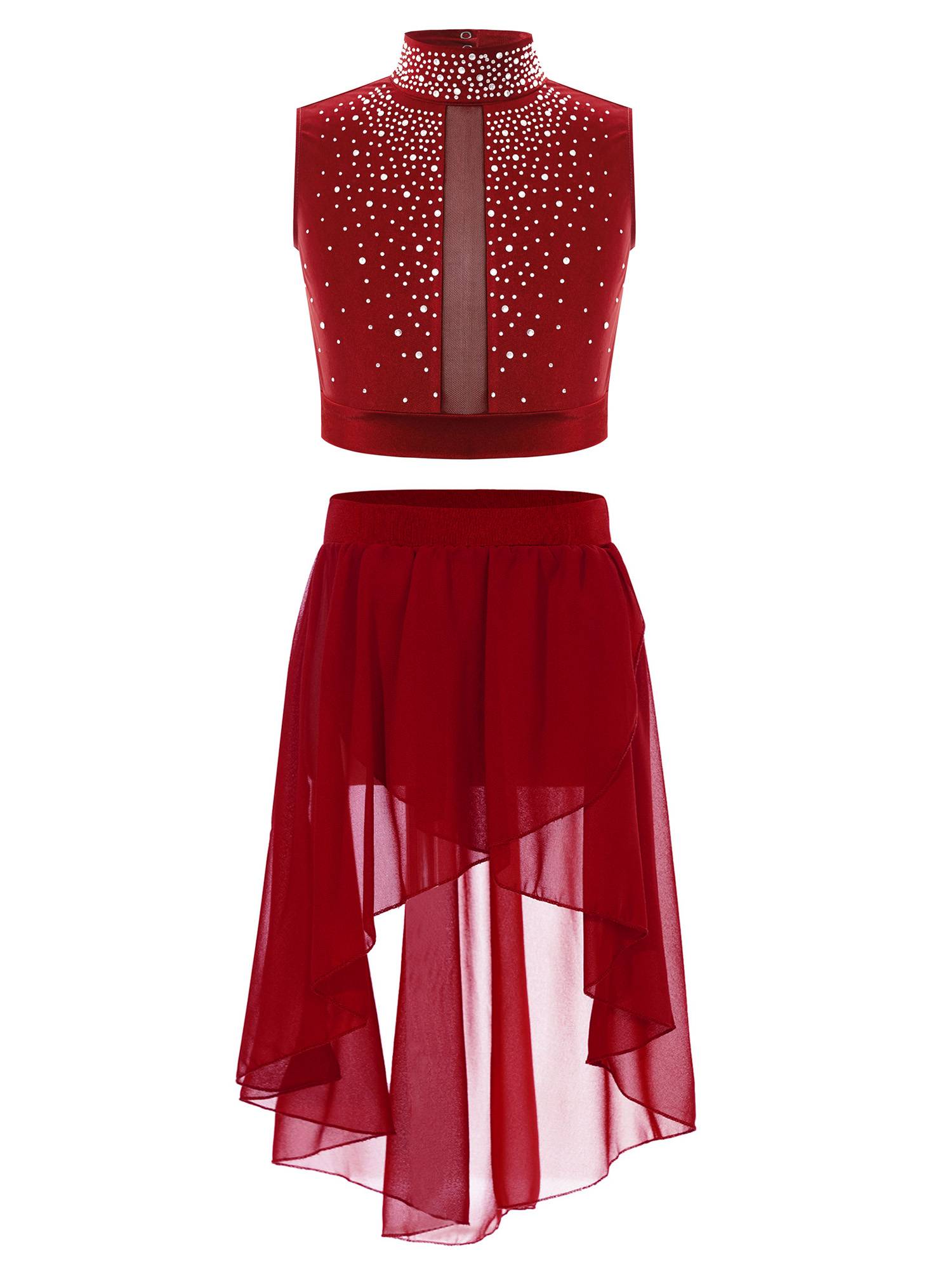 Kids Girls 2pcs Rhinestones Crop Top and High-Low Chiffon Skirt Dance Set