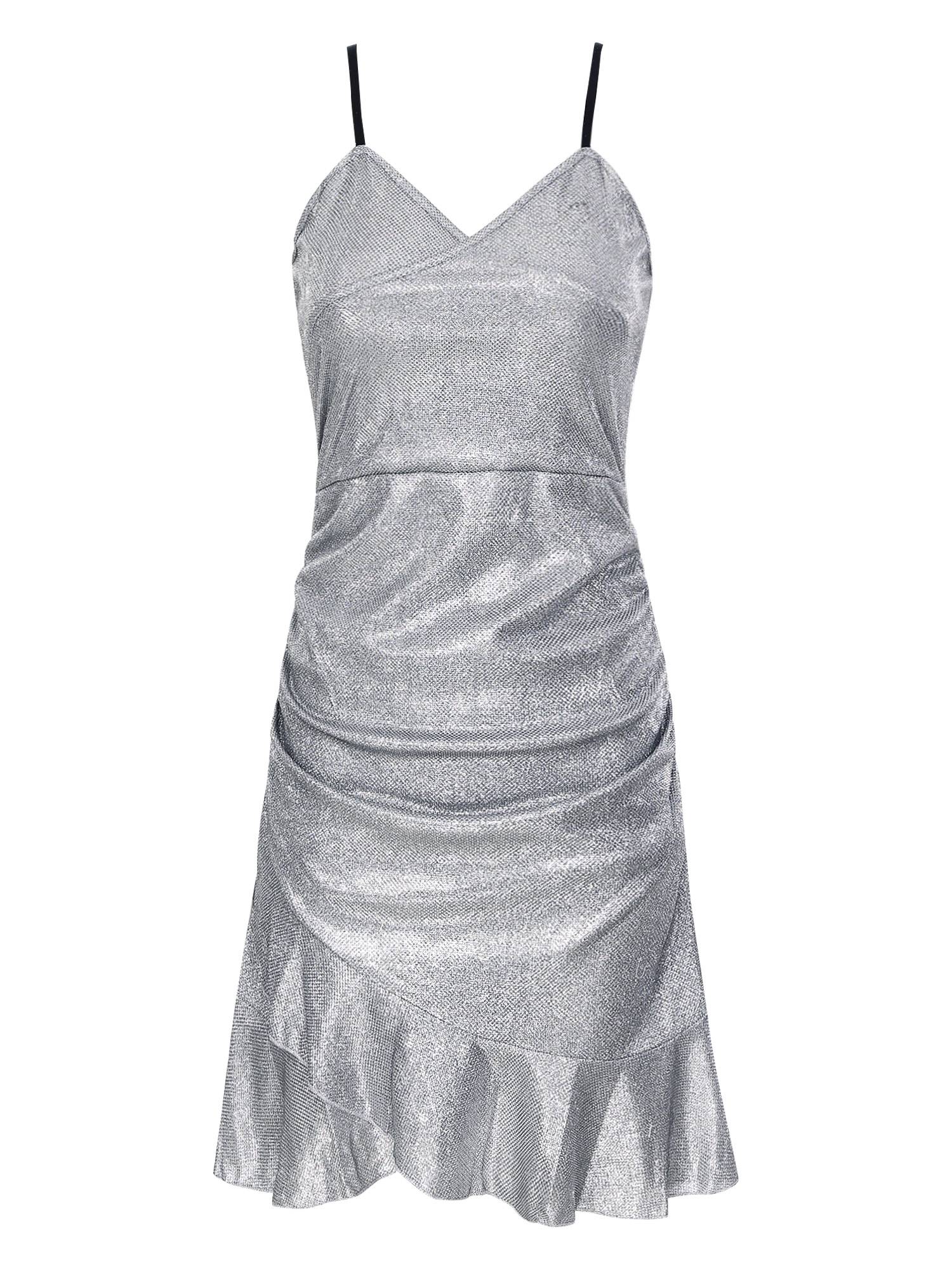 Women Sleeveless V Neck Glittery Ruffled Cocktail Dress