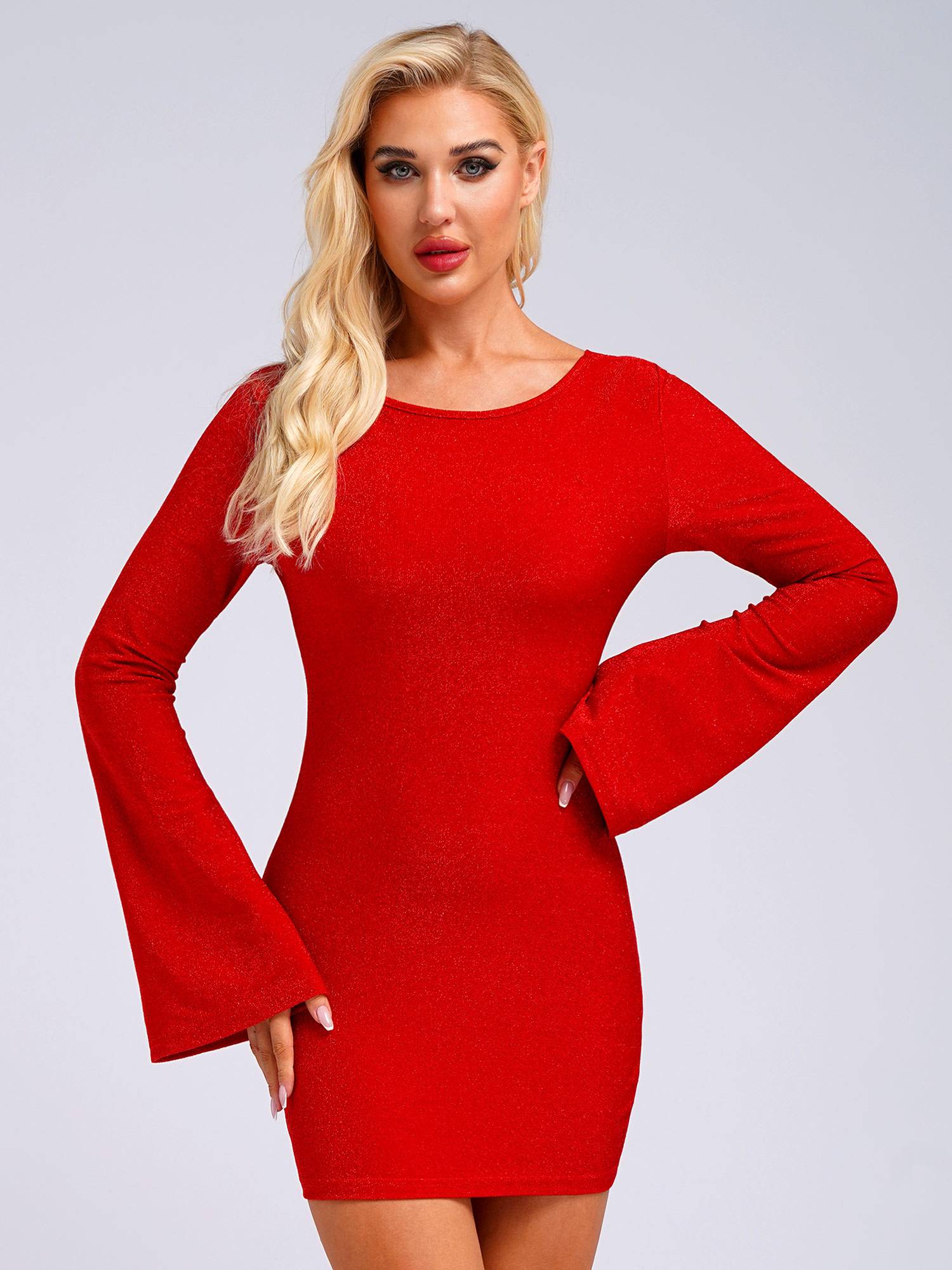 Women Long Sleeve Glittery Backless Self-tied Bodycon Mini Dress for Cocktail