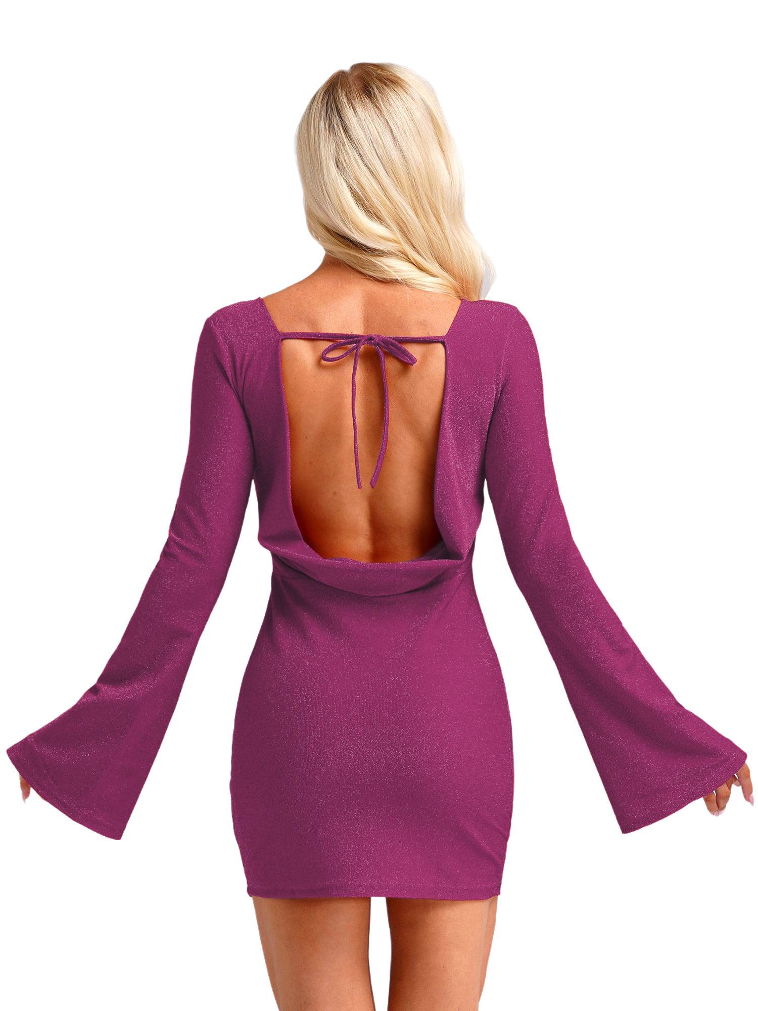 Women Long Sleeve Glittery Backless Self-tied Bodycon Mini Dress for Cocktail