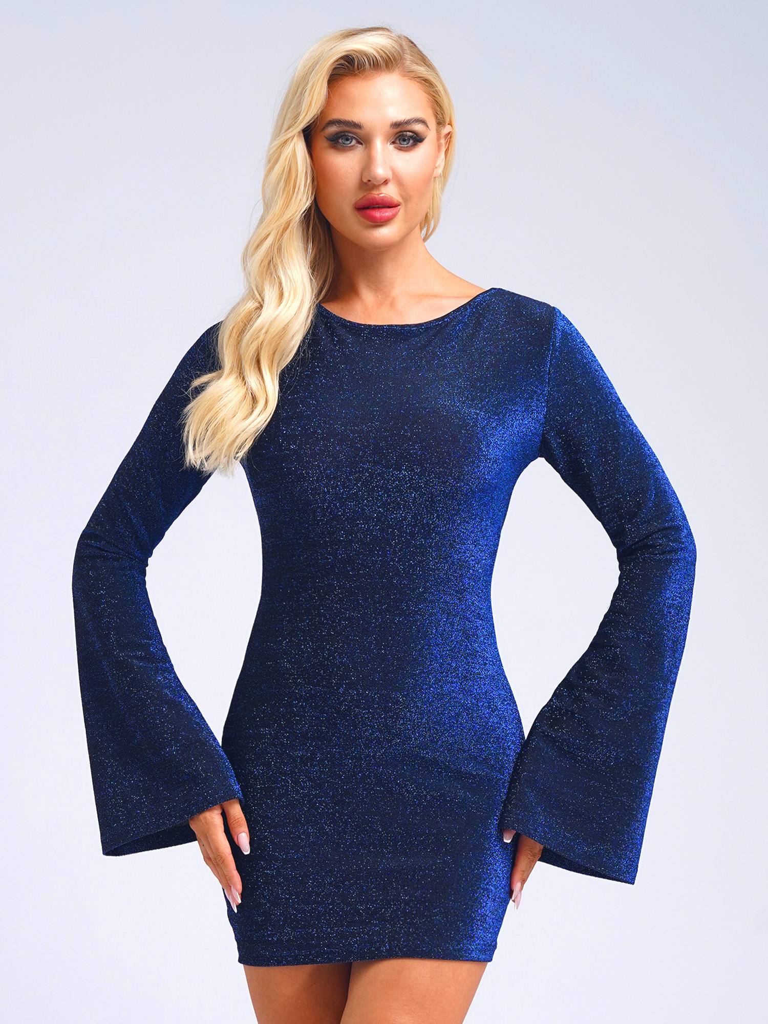 Women Long Sleeve Glittery Backless Self-tied Bodycon Mini Dress for Cocktail