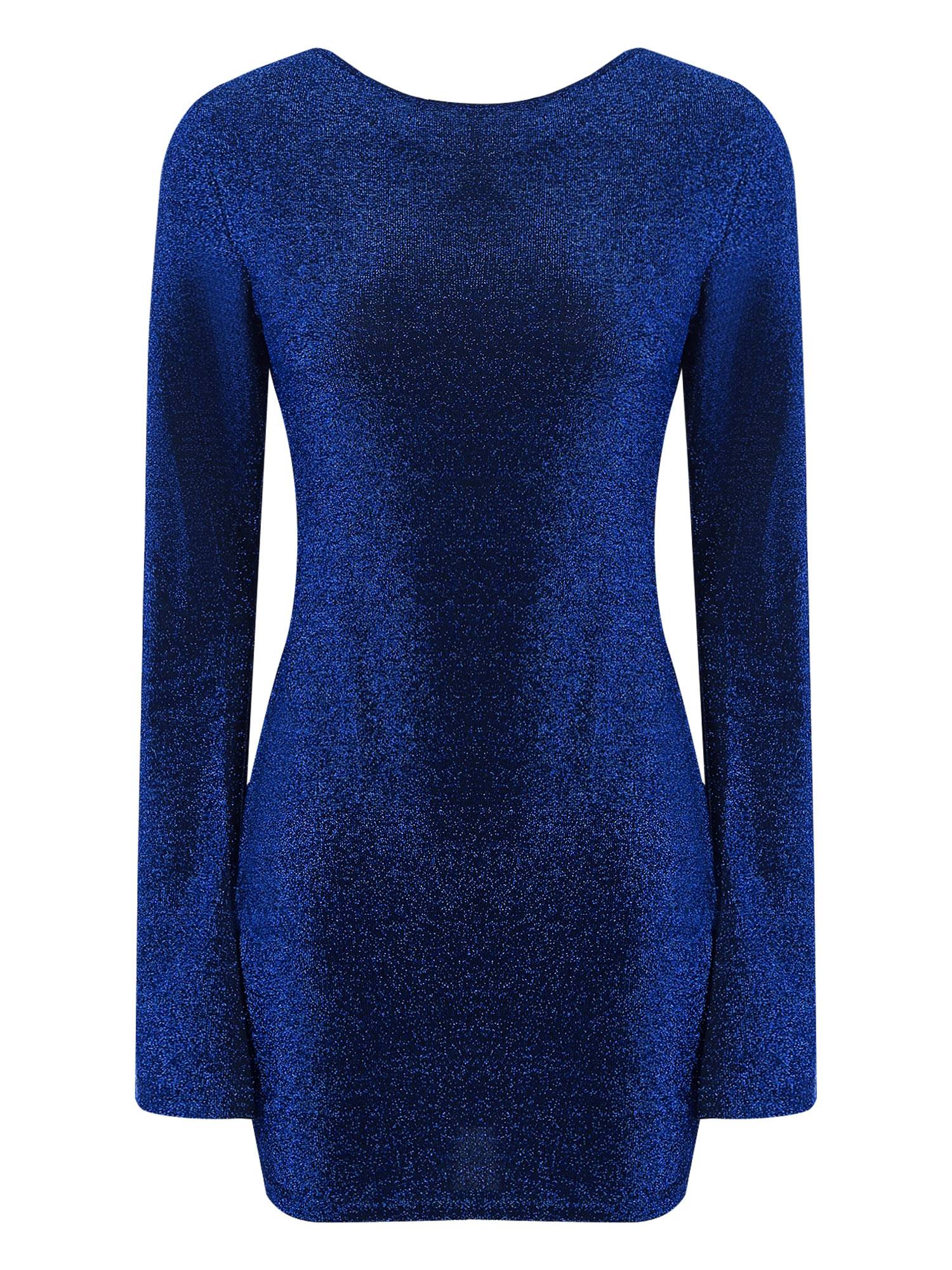 Women Long Sleeve Glittery Backless Self-tied Bodycon Mini Dress for Cocktail