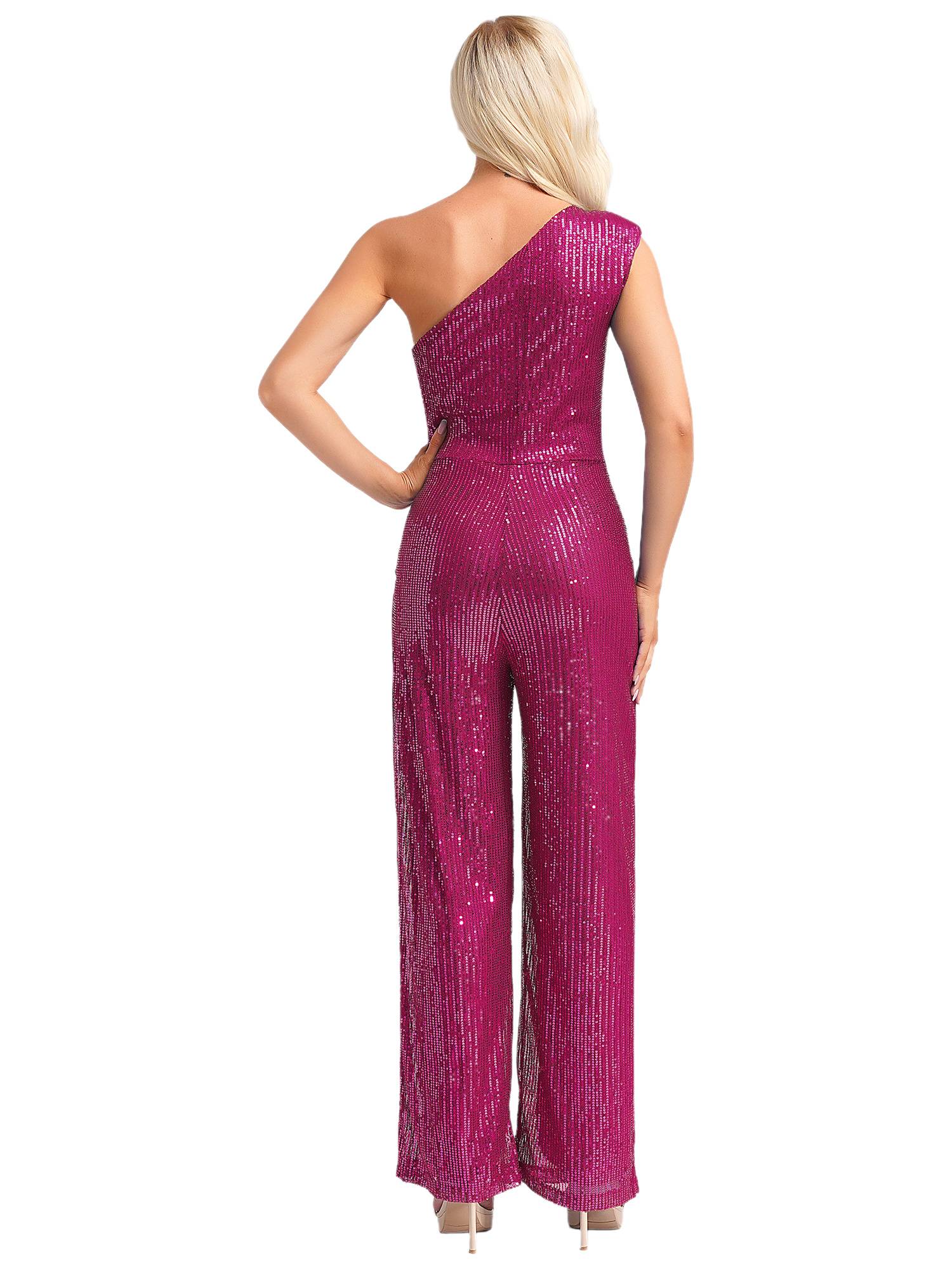 Women One Shoulder Sleeveless Sequins Jumpsuit for Cocktail Party
