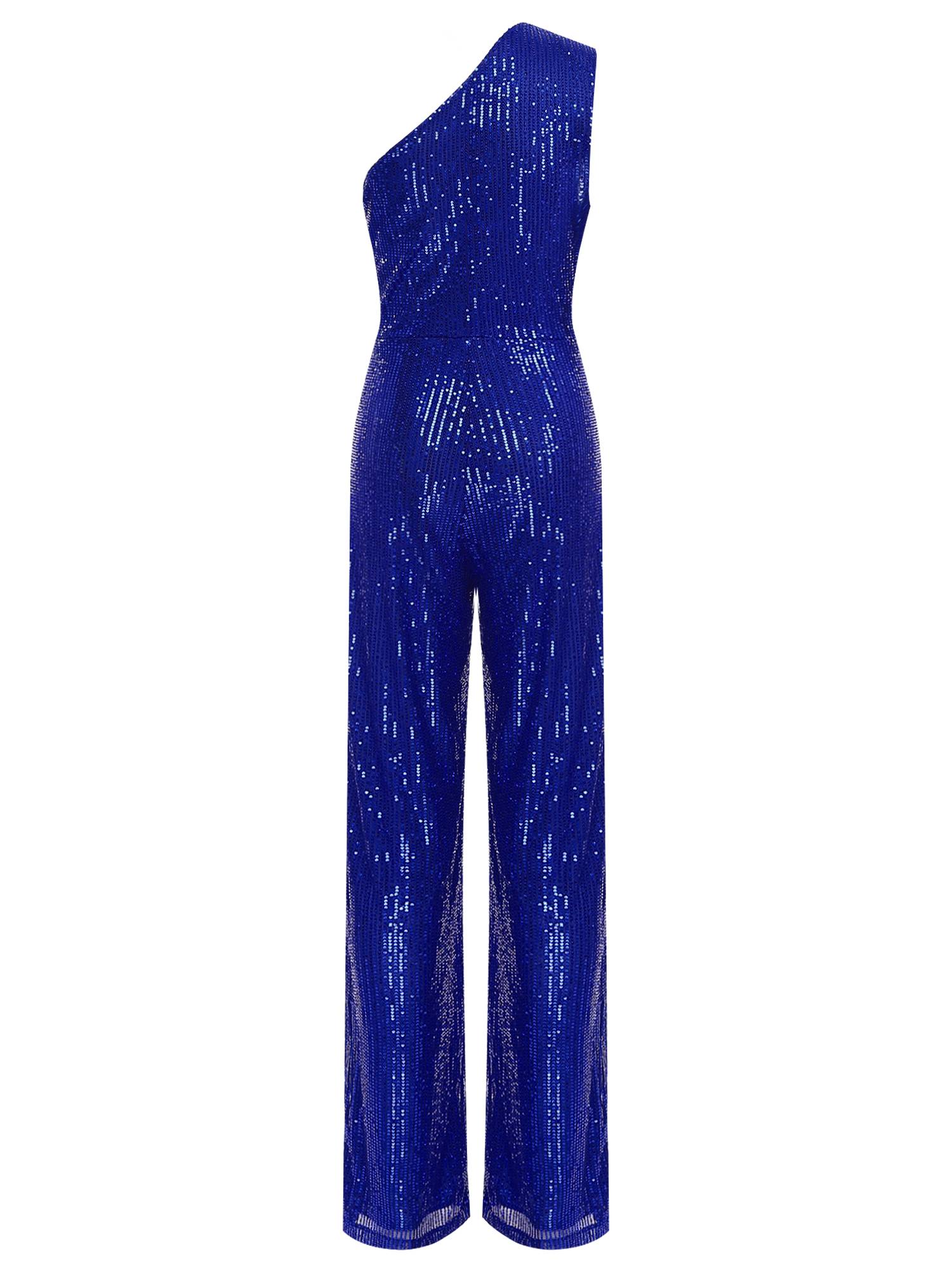 Women One Shoulder Sleeveless Sequins Jumpsuit for Cocktail Party