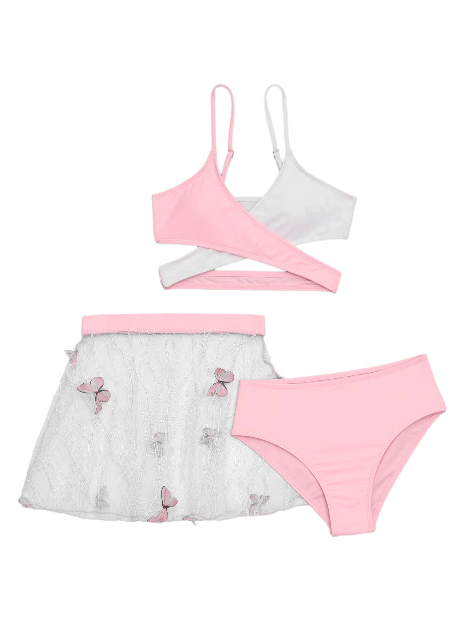 Girls 3pcs Criss Cross Wrap Bikini Set with See Through Butterfly Skirt Swimsuit