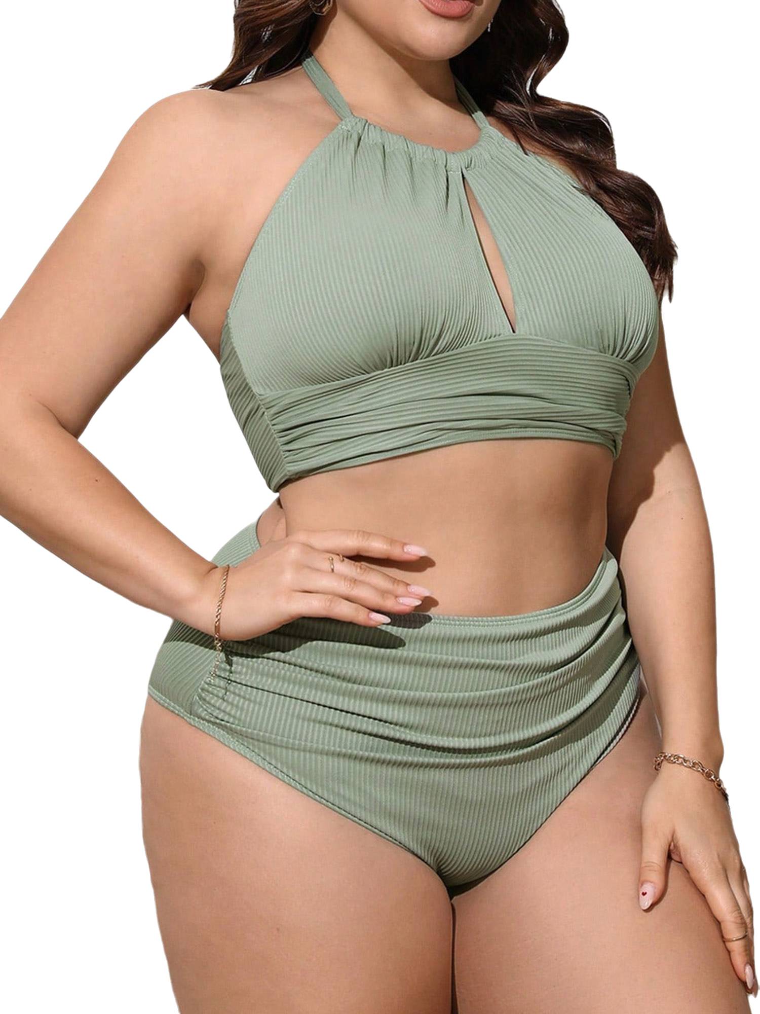 Women Plus Size Swimsuit Halter Neck Tops and Ruched Briefs Bikini Set