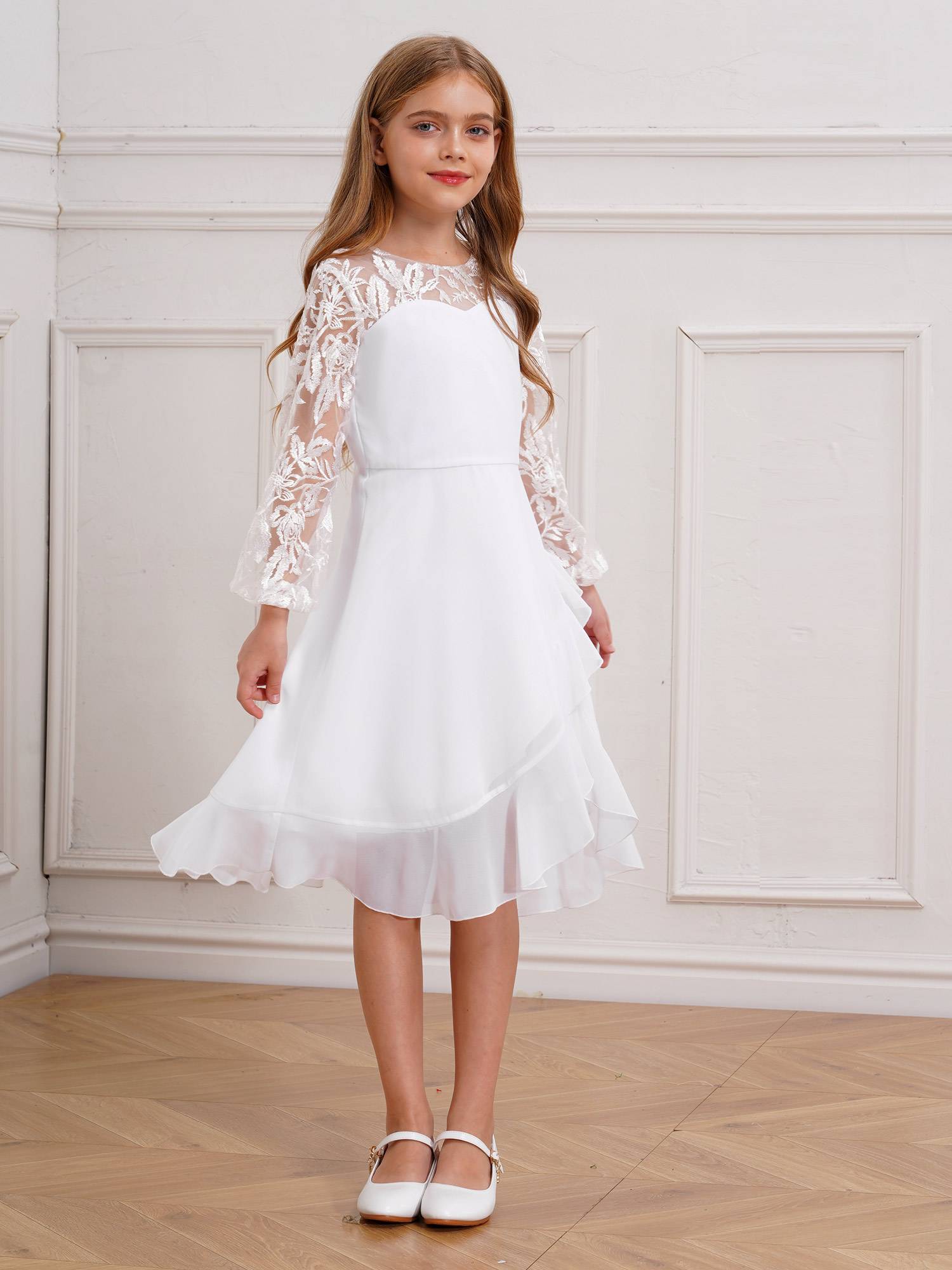 Girls Long Sleeve Lace Knee Length Chiffon Dress for Wedding Party