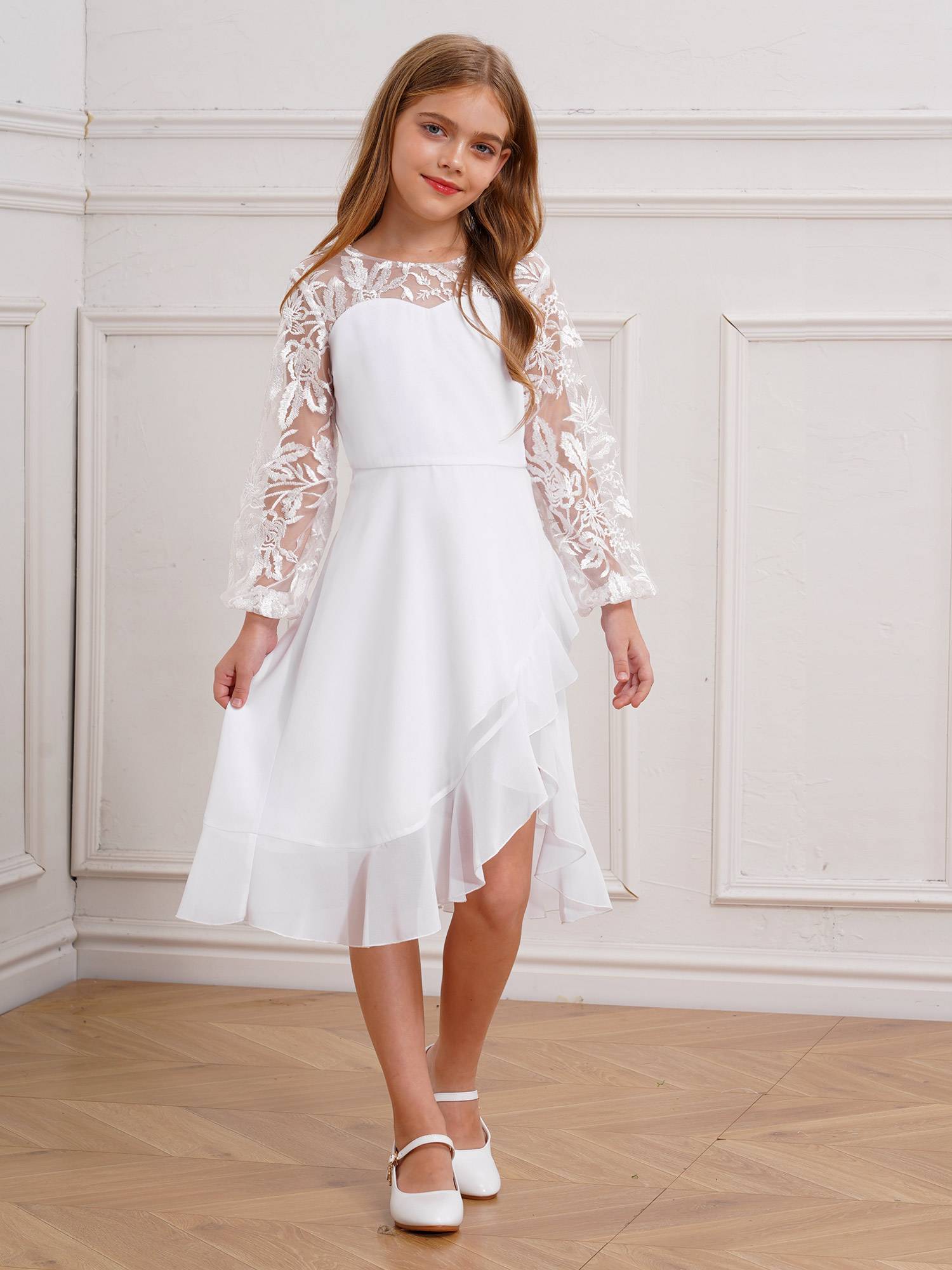 Girls Long Sleeve Lace Knee Length Chiffon Dress for Wedding Party